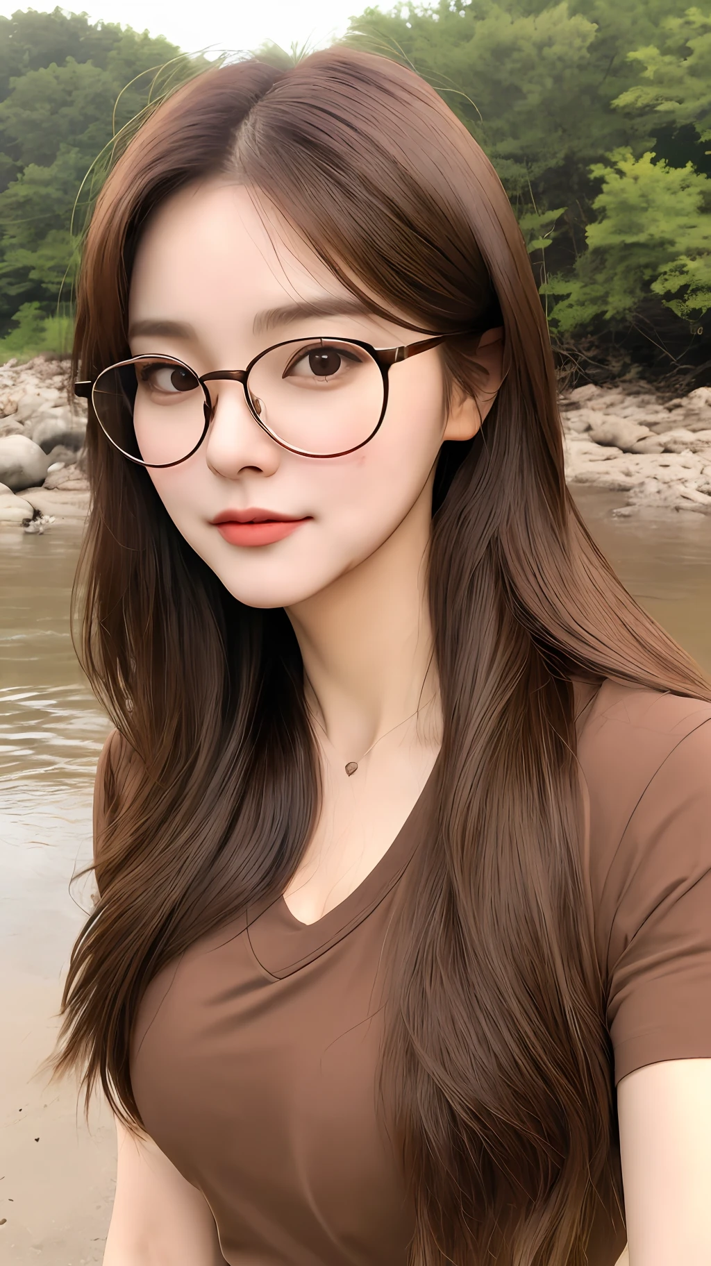 Lifelike photos of (No. 1 cute Korean actress) tied hair, smooth face, light makeup, medium breasts. Wearing brown t-shirt, glasses, at the river, taking selfie,8K high-resolution face, crisp and realistic details