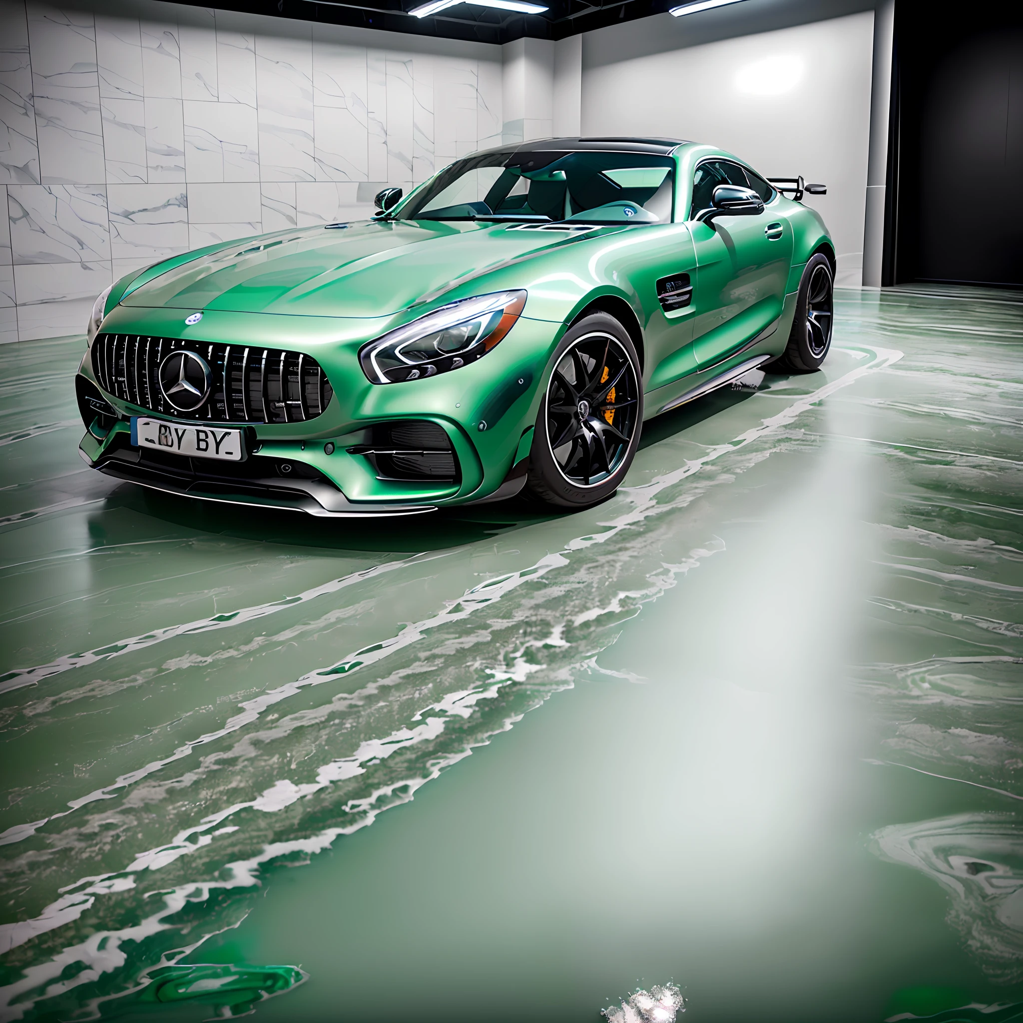 mercedes amg GT ((water green paint with marble effect)) details in black piano, 5-point black wheels and 22-inch rim, parked in a photographic studio, with studio lighting, ultra realistic photography full of detail and proportional(( Ultra realistic)) ((realism)) (((quality)) ((full of details)) full HD visual spectacle ((fully symmetrical)) ((fully realistic photography)) (((full car)) ((full boby caf)) ((best resolution))