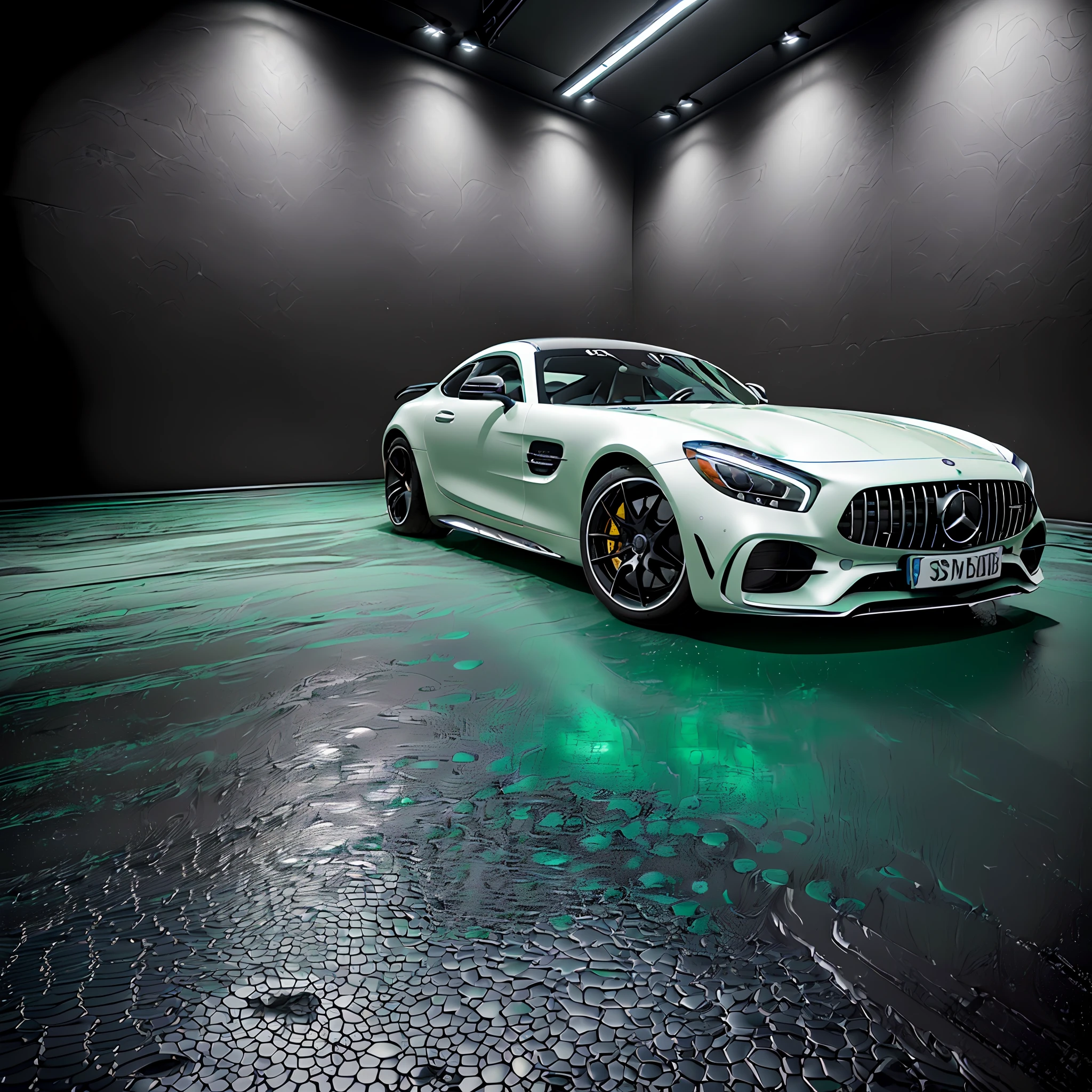 mercedes amg GT with water green paint with marble effect and details in black piano, 5-point black wheels and 22-inch rim, parked in a photographic studio, with studio lighting, ultra realistic photography full of detail and proportional(( Ultra realistic)) ((realism)) (((quality)) ((full of details)) full HD visual spectacle (((fully symmetrical)) ((fully realistic photography)) (((full car)) ((full boby caf)) ((best resolution)) ((one car))