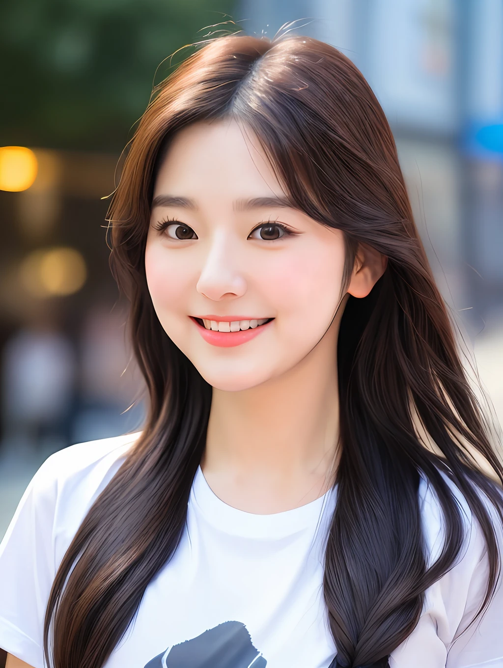 Lifelike photos of (No. 1 cute Korean actress) tied hehair, smooth face, light makeup, medium breasts. Wearing t-shirt, in the city, V-pose, Canon EOS 35mm Lens 8K high-resolution face, crisp and realistic details Close up
