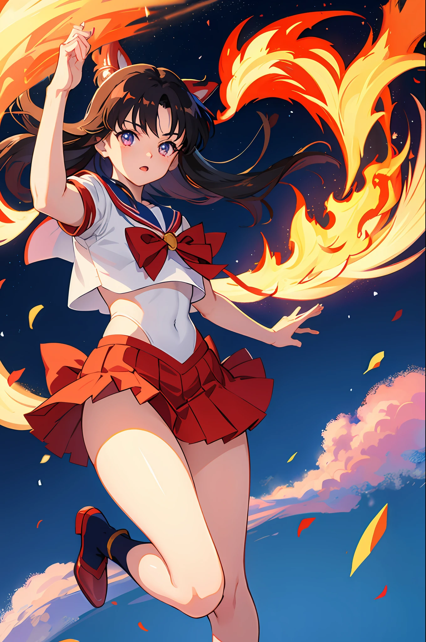 Sailor Mars, universe background, flames, flowers