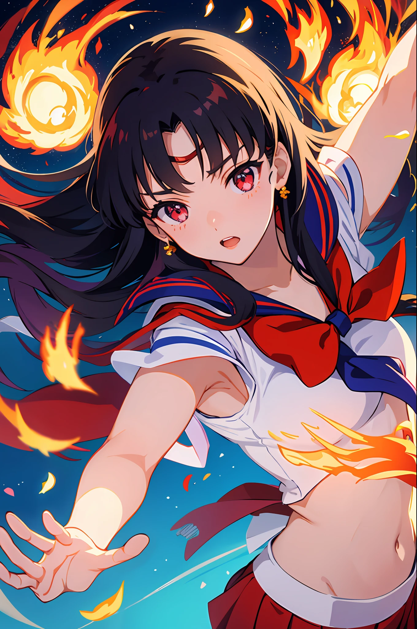 Sailor Mars, universe background, flames, flowers