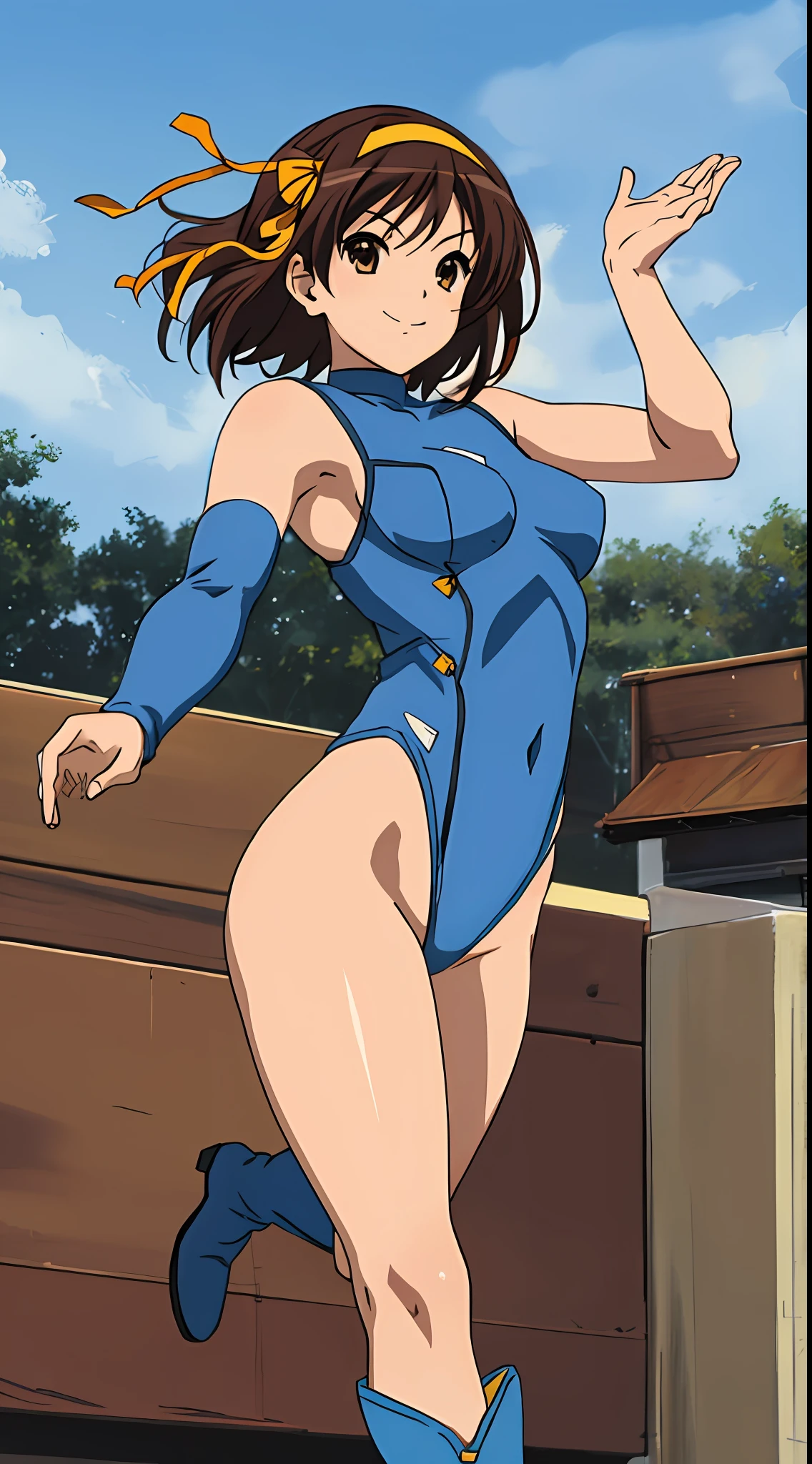masterpiece, best quality, highres, 1girl, solo, superhero, leotard, blue and white leotard, bare legs, brown hair, short hair, brown eyes, hairband, medium hair, ribbon, boots, matching boots, blue boots, medium breasts, cowboy shot, standing, smile, sky backdrop, haruhi suzumiya, kyoani haruhi style, sleeveless, flying, flying pose. looking at viewer,