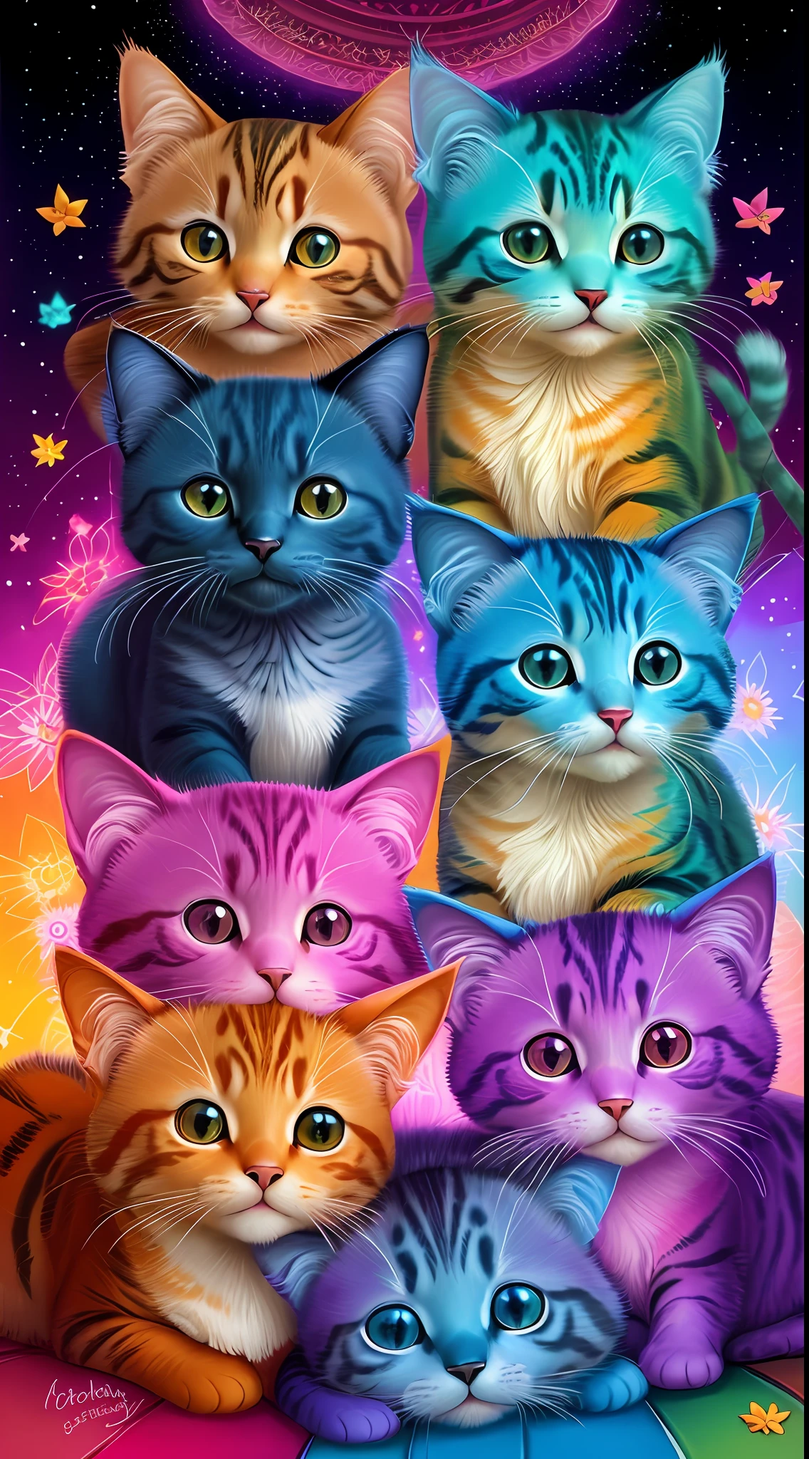 Cats, Chromotherapy, Cute Felines, Cat, Vibrant Colors, Flowers, Stars, Butterflies, Mandala