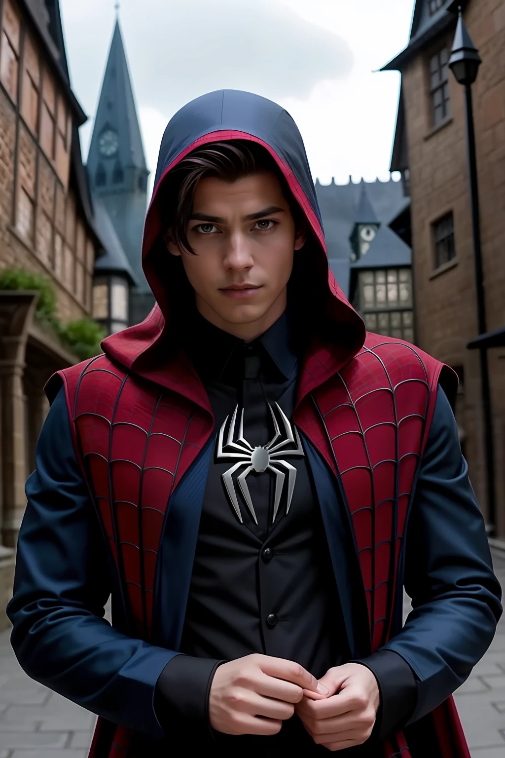 If spider man studied at Hogwarts, witchcraft based uniform, medieval and modern style, realistic, movie scene, gloomy environment