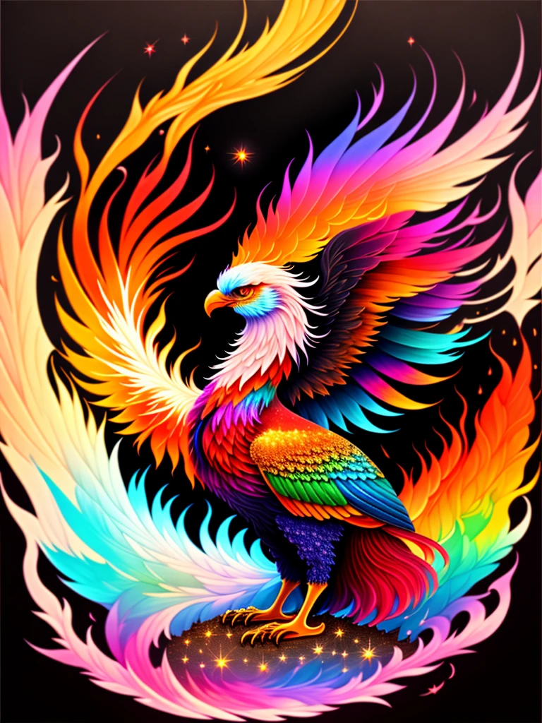 a painting of a colorful bird on a black background, phoenix rising from the ashes, breathtaking render, within radiate connection, inspired by Kinuko Y. Craft, melting into vulpix, magical elements, white eagle icon, wow it is beautiful, casting a multi colored spell, bright flare, flare