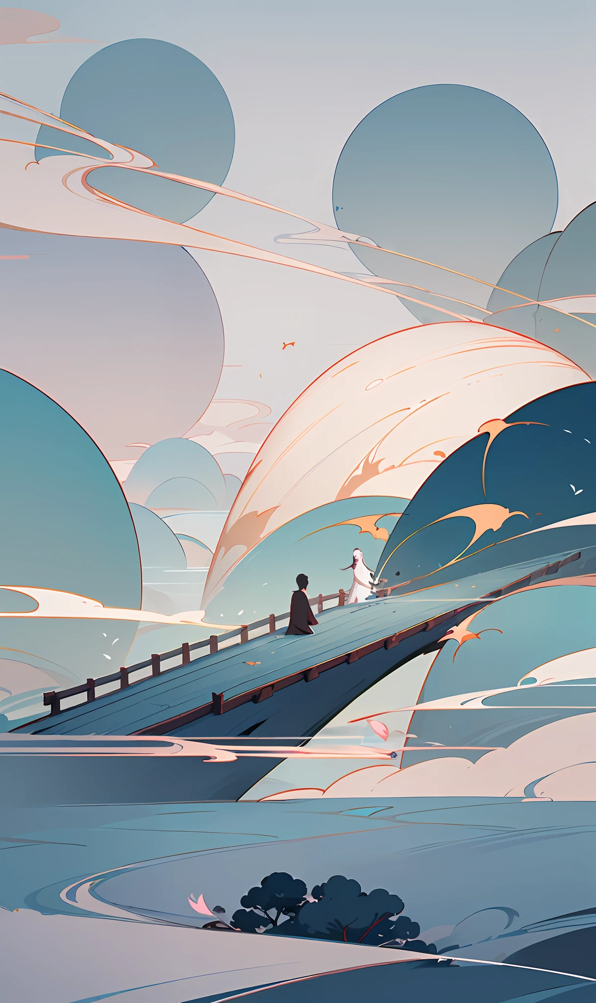 (Chinese landscape), abstract painting, (Zen, Amy Sol style), (broken bridge, smoke, back, big fish, white space), light abstract cover art, simple vector art, Chinese contemporary art, color gradient, pastel color palette, layered forms, whimsical animation, style ethereal abstraction, 4K, --v6