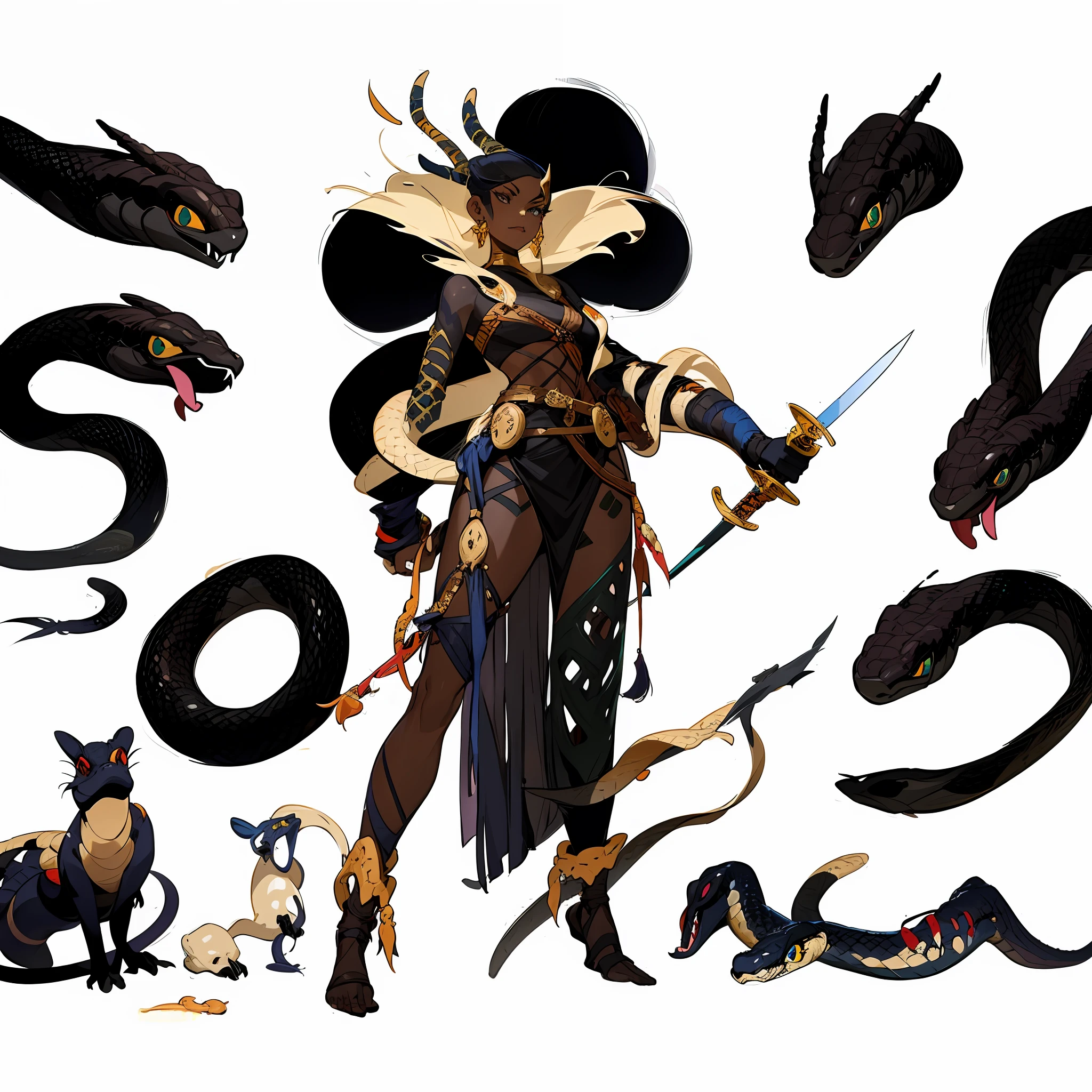 there is a woman with a sword and a snake and a snake, character design art, great character design, beautiful full body concept art, character design concept art, character design from d & d, fantasy character design, her many snakes as hair, character concept reference art, character concept art, [ character design ], d&d dark sun character art