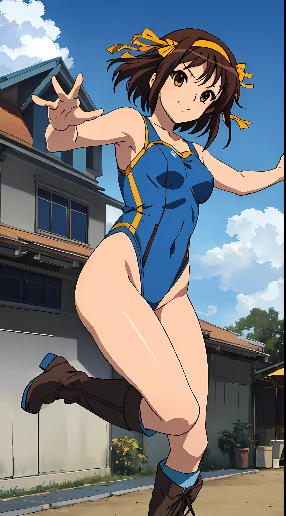 masterpiece, best quality, highres, 1girl, solo, superhero, leotard, blue and white leotard, bare legs, brown hair, short hair, brown eyes, hairband, medium hair, ribbon, boots, matching boots, blue boots, medium breasts, cowboy shot, smile, sky backdrop, haruhi suzumiya, kyoani haruhi style, sleeveless, flying, flying pose. looking at viewer,