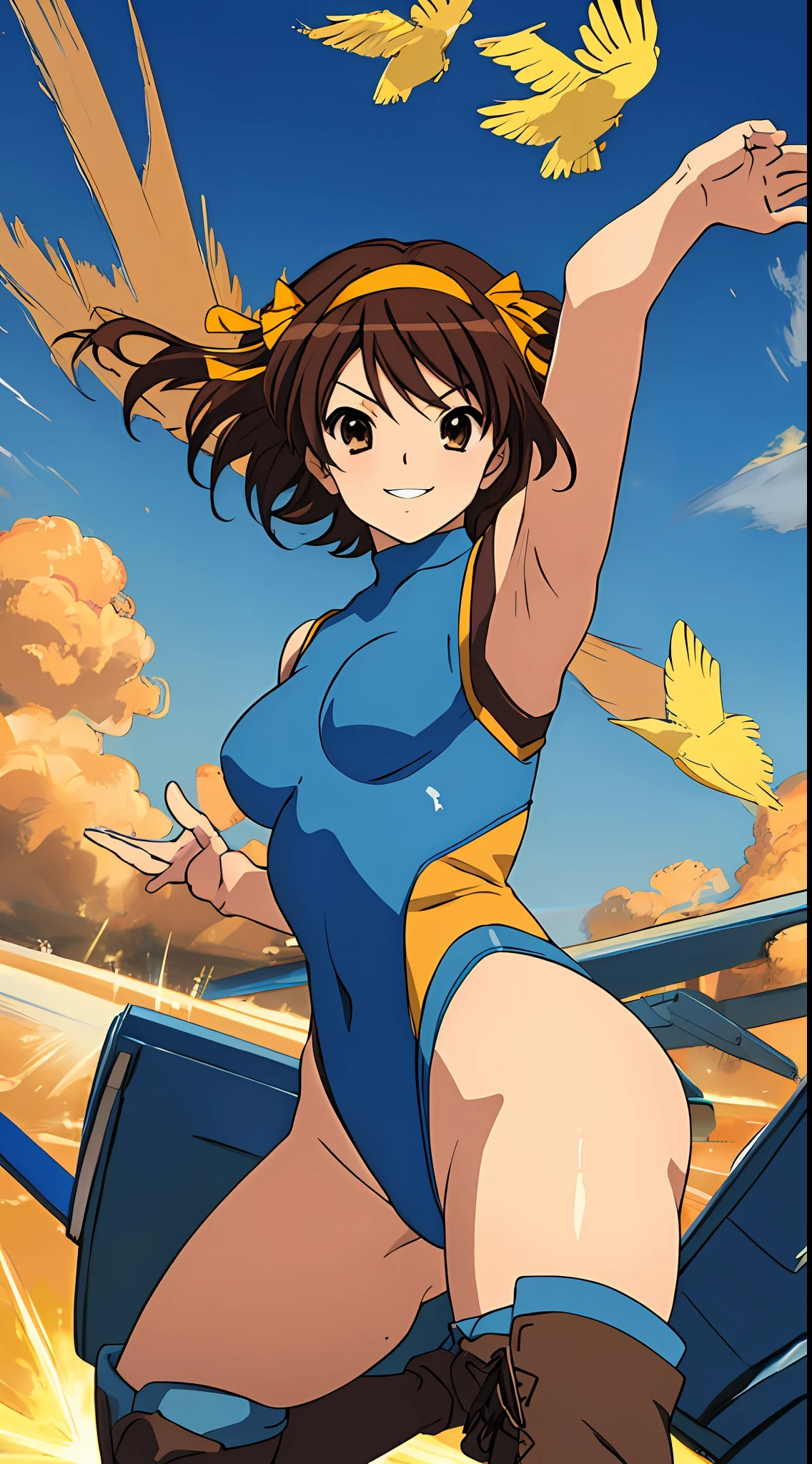 masterpiece, best quality, highres, 1girl, solo, superhero, leotard, blue and white leotard, bare legs, brown hair, short hair, brown eyes, hairband, medium hair, ribbon, boots, matching boots, blue boots, medium breasts, cowboy shot, smile, sky backdrop, haruhi suzumiya, kyoani haruhi style, sleeveless, flying, flying pose. looking at viewer,