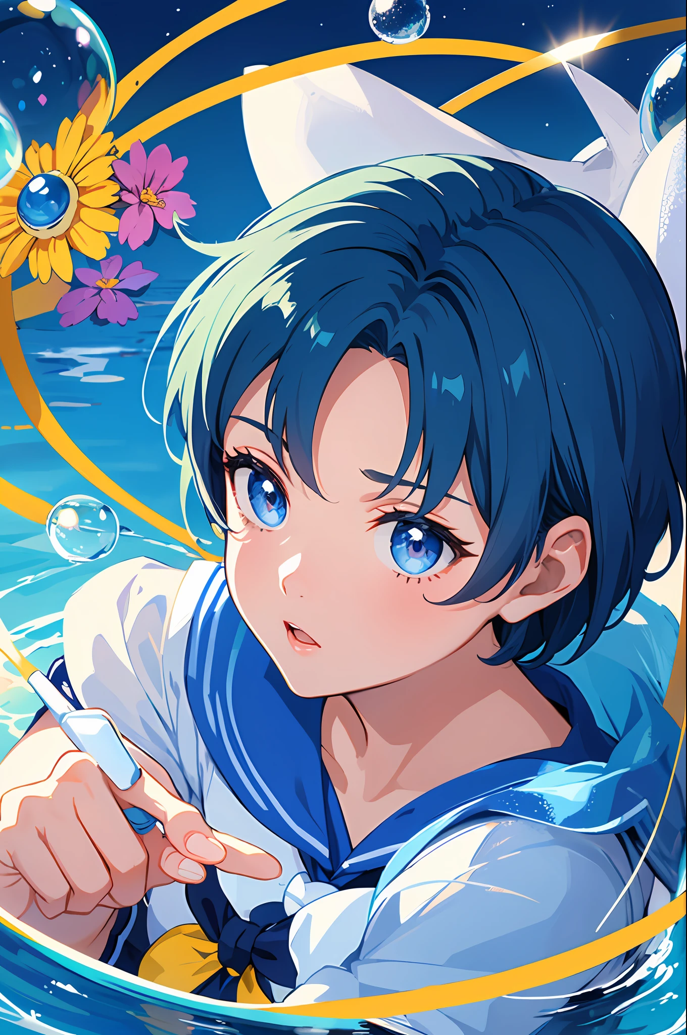 Sailor mercury, universe background, water, bubbles, flowers