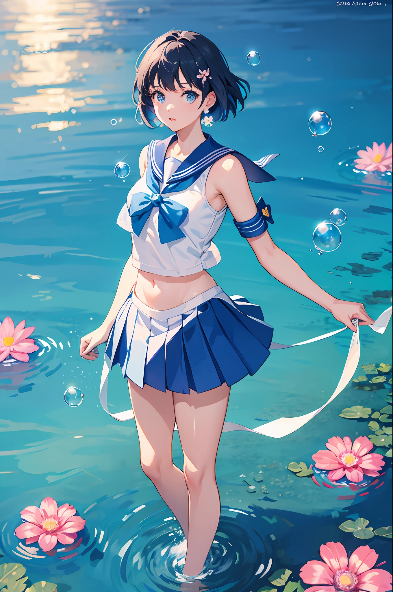 Sailor mercury, universe background, water, bubbles, flowers
