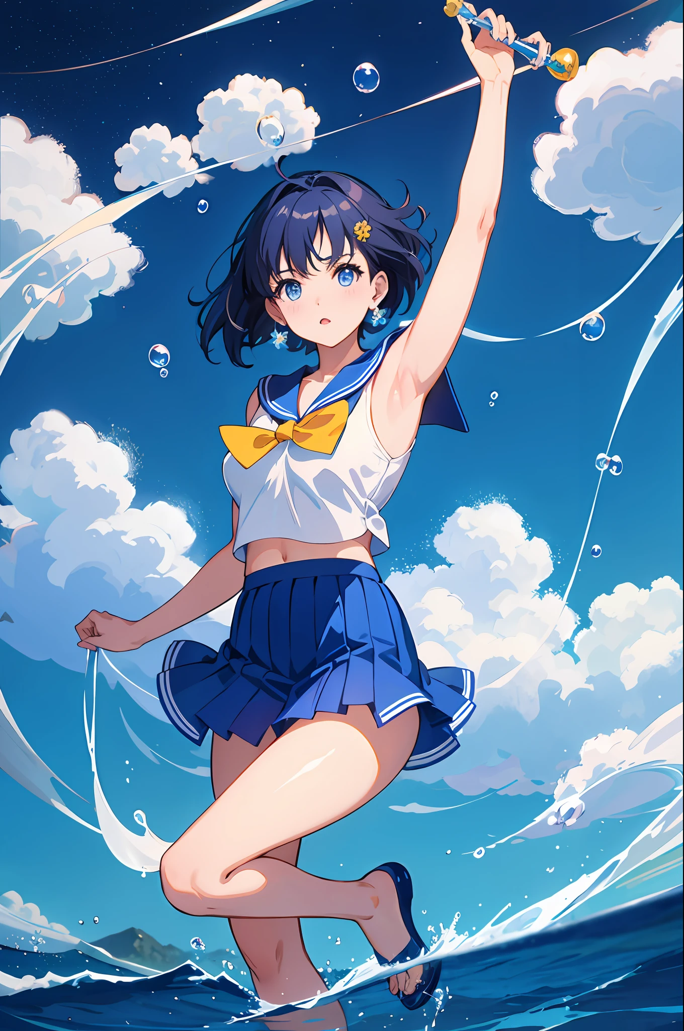 Sailor mercury, universe background, water, bubbles, flowers