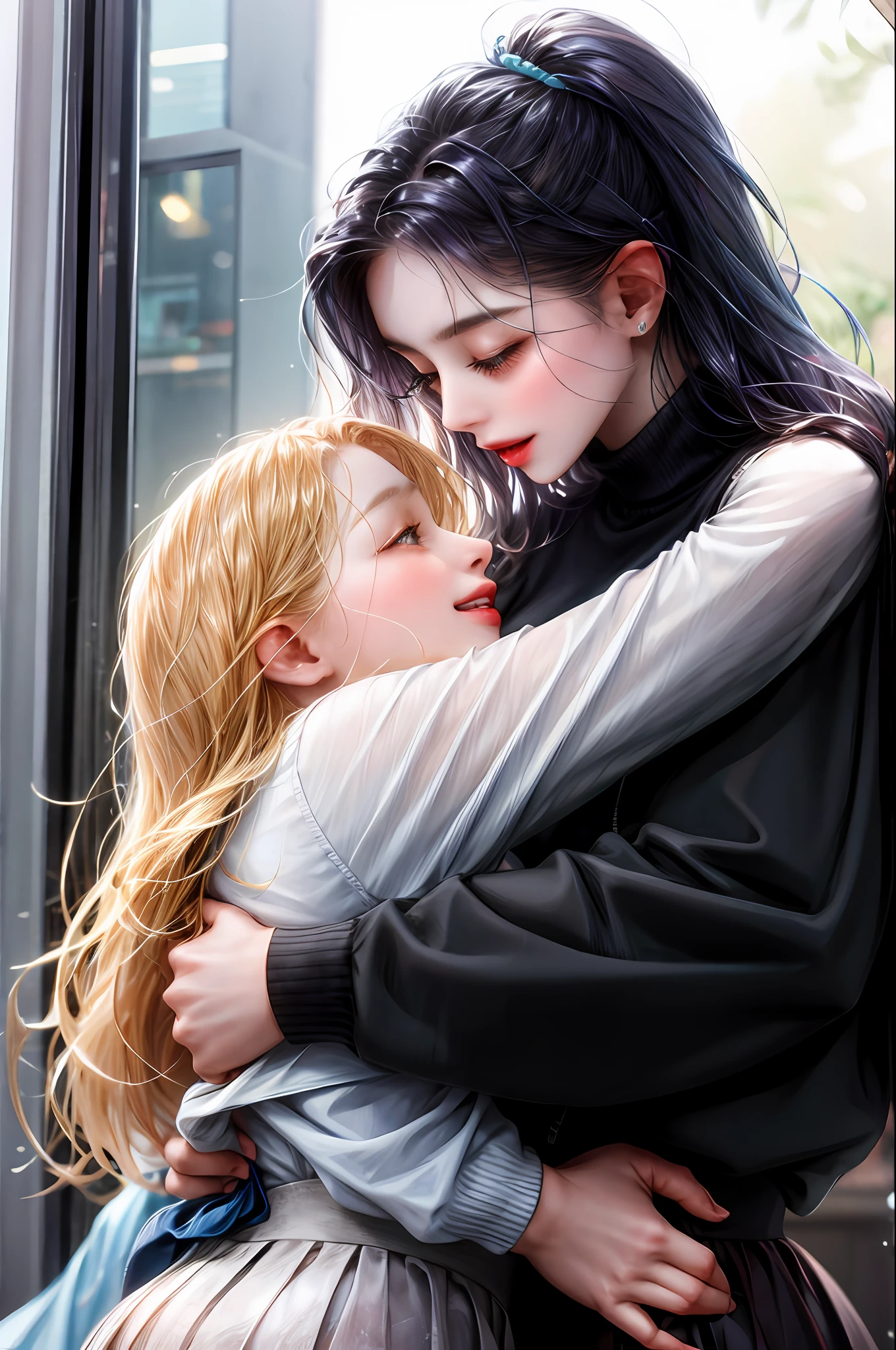 Two girls embracing, lesbians, are a couple