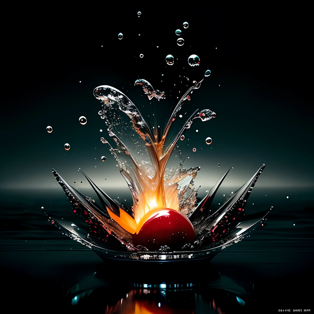 Explosion, splash, cherry is falling into the water, close up, water is splashing radially, centered, perfect composition, vogue style, Creative food photography, softbox, trending on art station, sharp focus, studio photo, intricate details, highly detailed, by Greg Rutkowski, fashion magazine cover