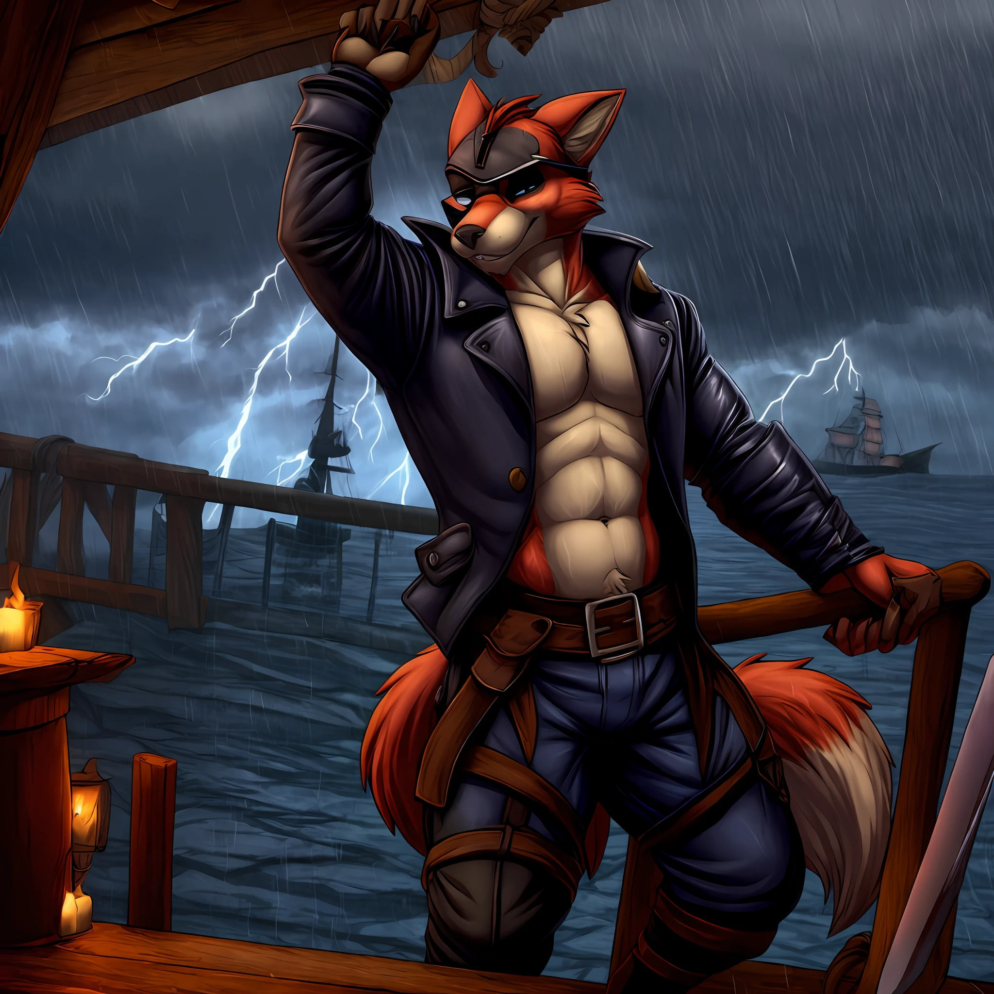 Foxy, sword, pirate suit, eye patch, muscular, on a pirate ship, sfm, brave, rainy weather, storms