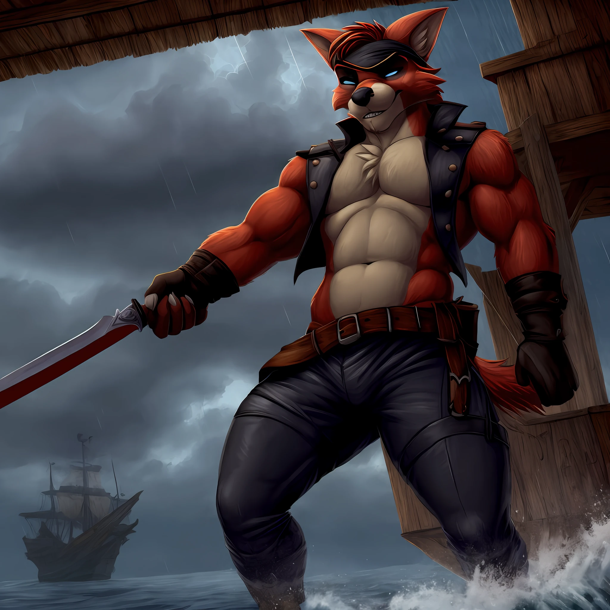 Foxy, sword, pirate suit, eye patch, muscular, on a pirate ship, sfm, brave, rainy weather, storms