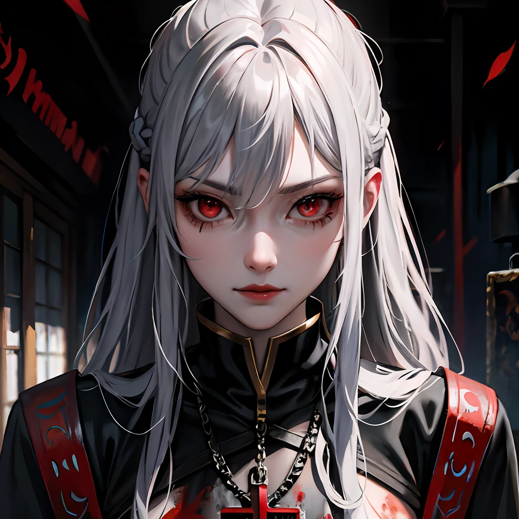((pov)), silver hair, red eyes, warlord violence, symbols, mortal cross, horror, art ofcial, ((oil painting)), (((anime cinematic, ultra detailed, best quality, cinematic, 16k))),
