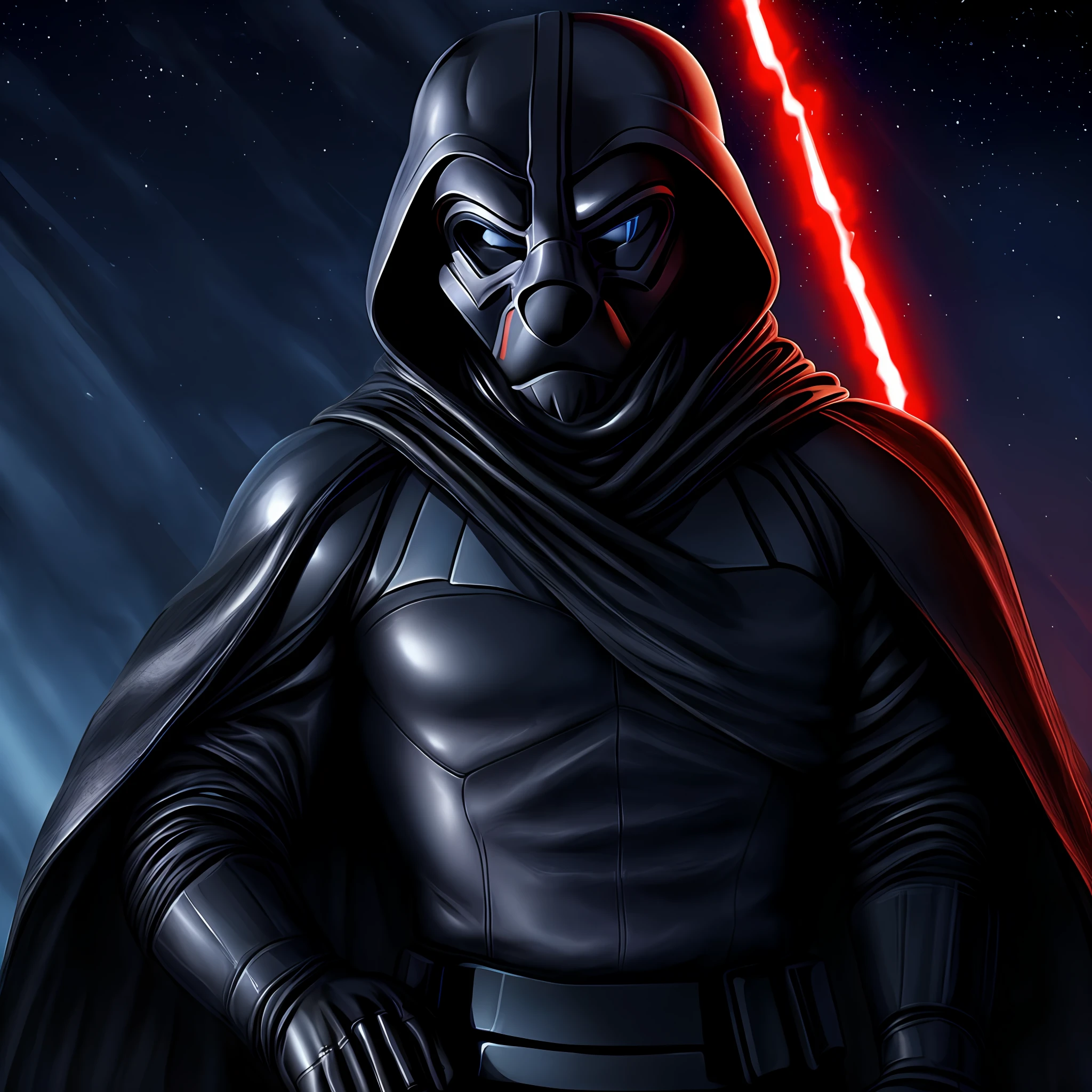 Fox, male, movie: Star Wars, Darth Vader, black suit, full black mask, cape, fox Darth Vader, holding red color lightsaber, 4k, realistic light and shadow