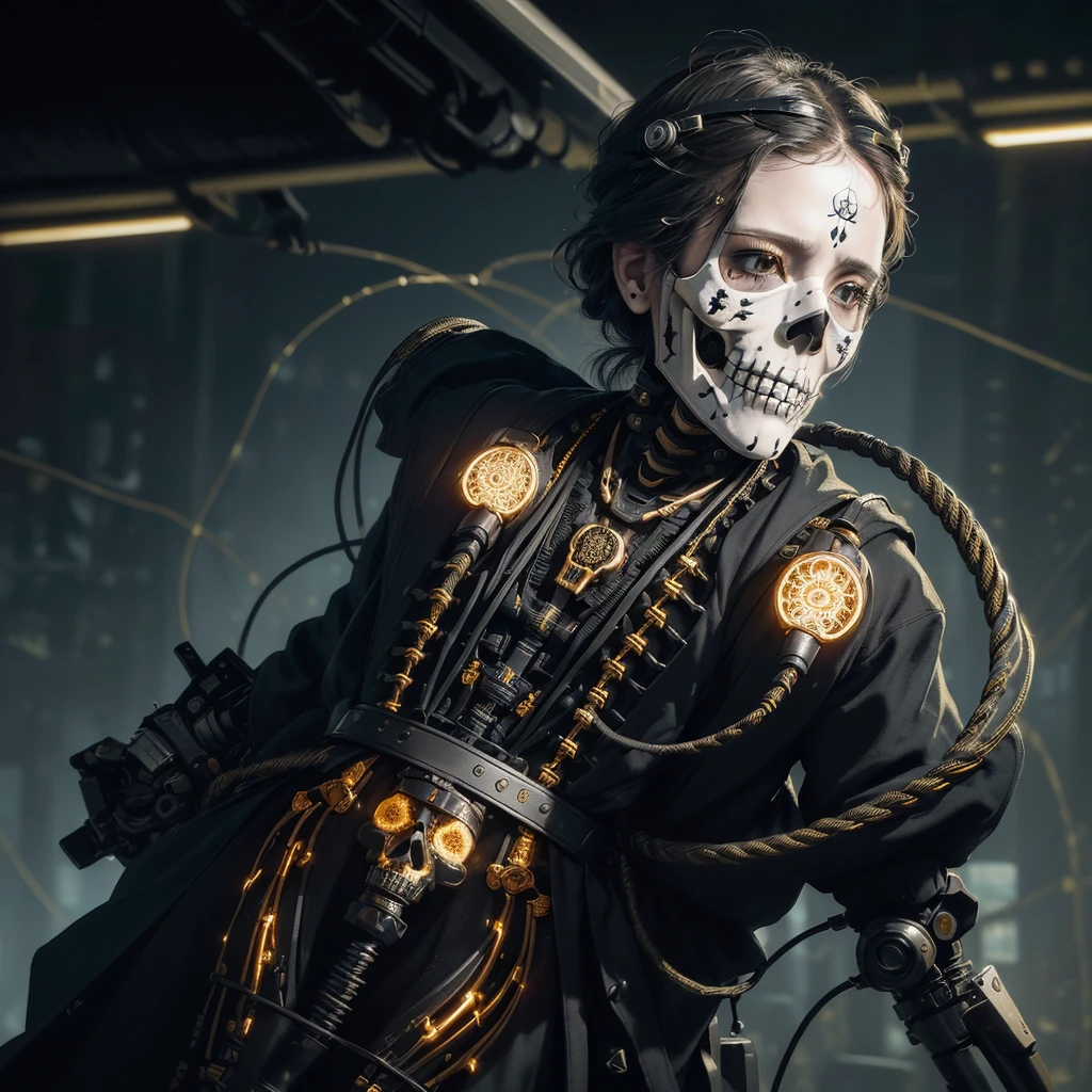 official art, unity 8k wallpaper, ultra detailed, beautiful and aesthetic, masterpiece, best quality, realistic, (zentangle, mandala, tangle, entangle), extremely detailed (dynamic angle),cinematic light,((1mechanical boy)),solo,full body,(machine made joints:1.2),((machanical limbs)),(blood vessels connected to tubes),(mechanical vertebra attaching to back),((mechanical cervial attaching to neck)), a half body portrait of an elite soldier in the style of call of duty ghost operator, ((black and gold skull mask)), hands folded in front, menacing gaze,(wires and cables attaching to neck:1.2),(wires and cables on head:1.2)(character focus),science fiction,extreme detailed,colorful,highest