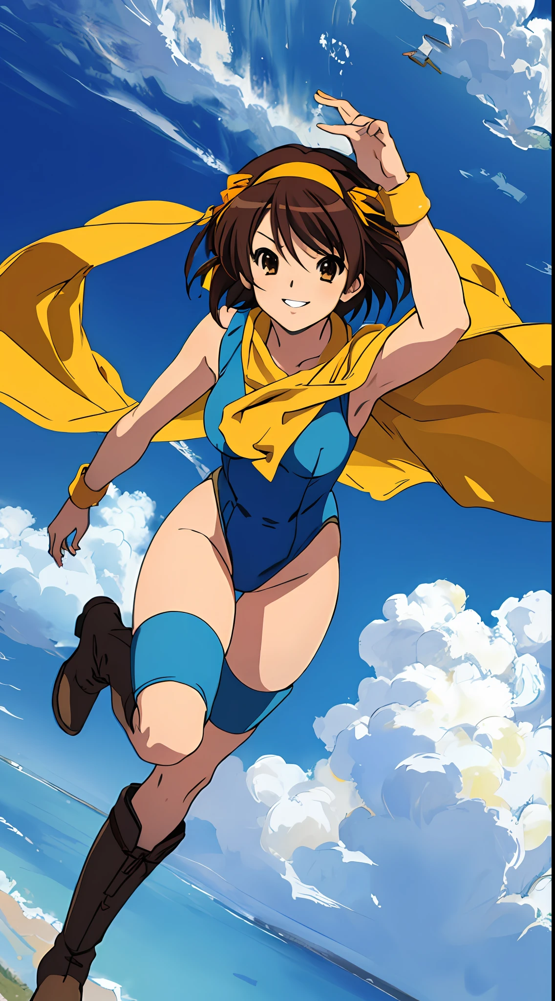 masterpiece, best quality, highres, 1girl, solo, superhero, leotard, blue and white leotard, bare legs, brown hair, short hair, brown eyes, hairband, medium hair, ribbon, boots, matching boots, blue boots, medium breasts, cowboy shot, smile, sky backdrop, haruhi suzumiya, kyoani haruhi style, sleeveless, flying, flying pose. looking at viewer,