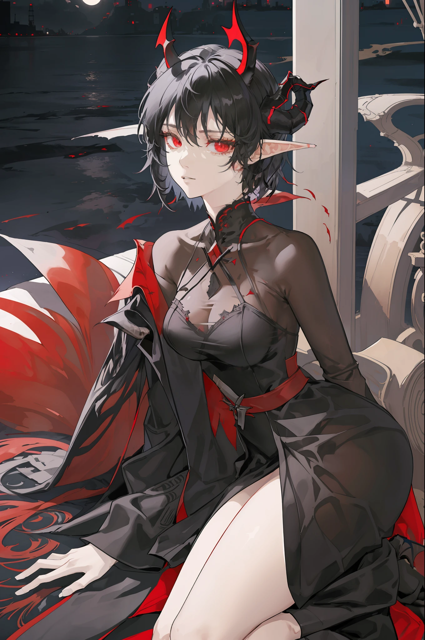 masterpiece, best quality, 1 woman, adult, beautiful, tall woman, thin body, hourglass-figure, finely detailed eyes and detailed face, extremely detailed CG unity 8k wallpaper, intricate details, ((black hair, messy hair, short hair)), light skin, sharp features, elf ears, baggy clothes, oversized clothes, non-tight clothes, ((demon horns color fading from black to red)), (sharp eyes, red eyes), (((tired expression, looking at viewer))), leaning against wall, hands in pockets, night city background, street-style clothing, modern clothing, modern