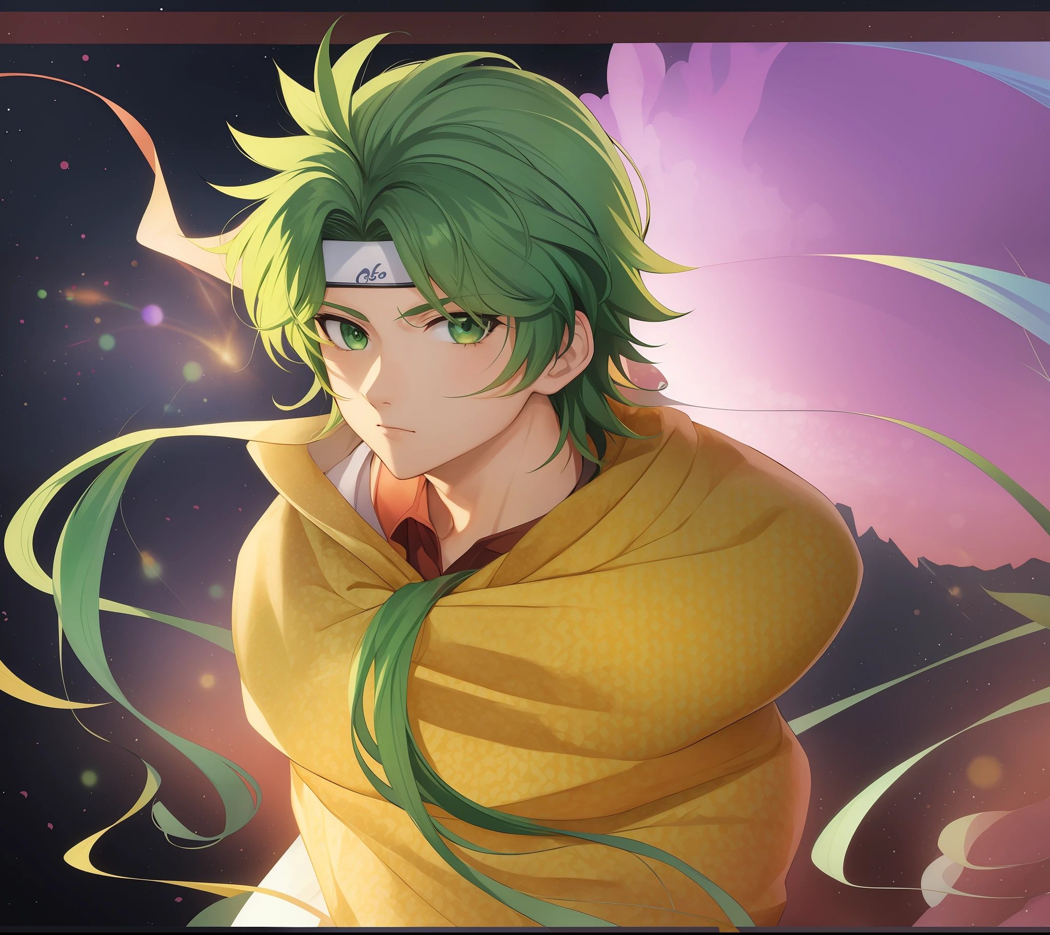 anime, boy, aries shion, masashi kishimoto style, naruto style, hd, green moustache, green mid hair, green eyes