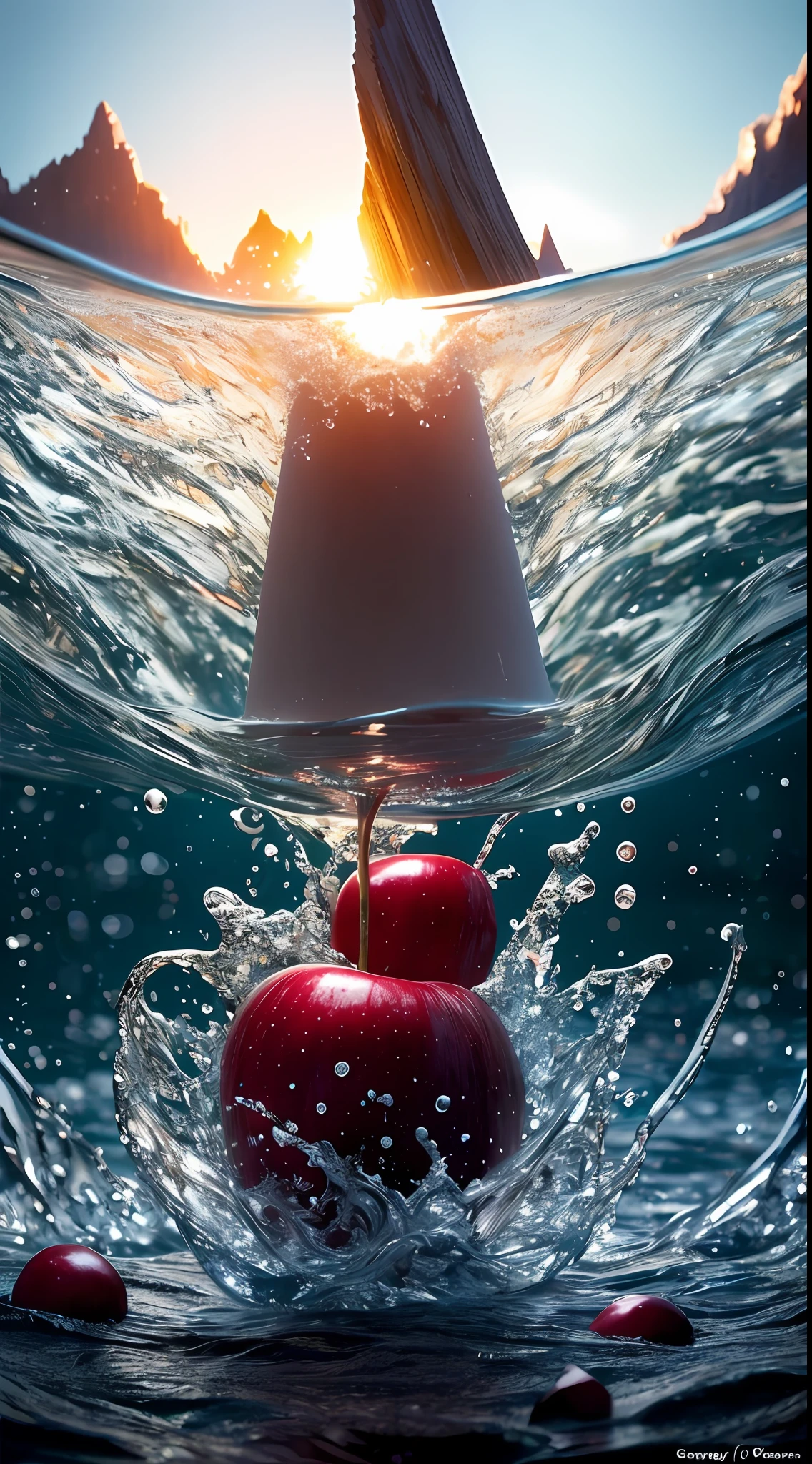 Explosion, splash, apple is falling into the water, close up, water is splashing radially, centered, perfect composition, vogue style, creative food photography, softbox, trend in the art station, sharp focus, studio photo, intricate details, highly detailed, by Greg Rutkowski, fashion magazine cover, 8k, 32k, HDR