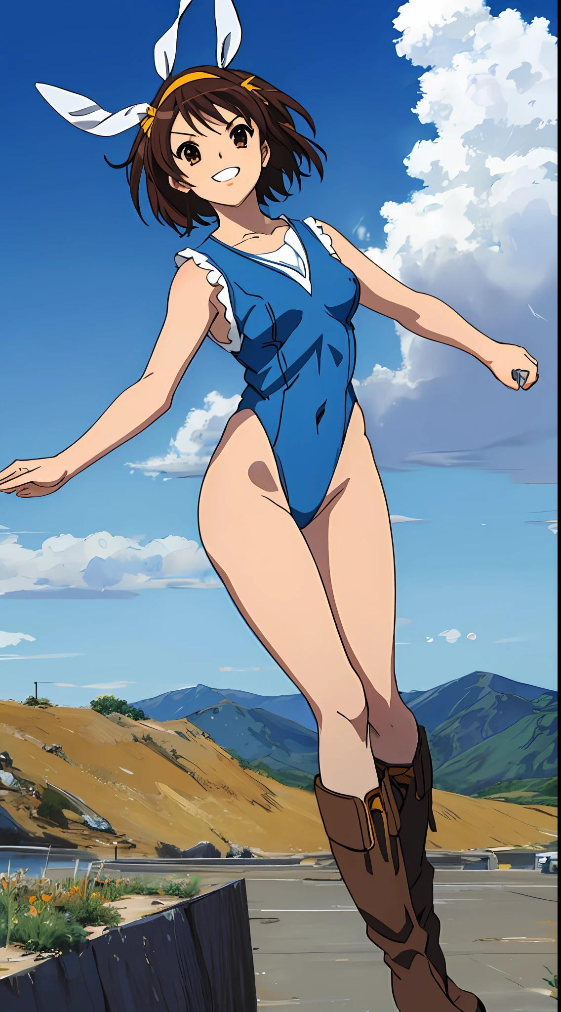 masterpiece, best quality, highres, 1girl, solo, superhero, leotard, blue and white leotard, bare legs, brown hair, short hair, brown eyes, hairband, medium hair, ribbon, boots, matching boots, blue boots, medium breasts, cowboy shot, smile, sky backdrop, haruhi suzumiya, kyoani haruhi style, sleeveless, flying, flying pose. looking at viewer,