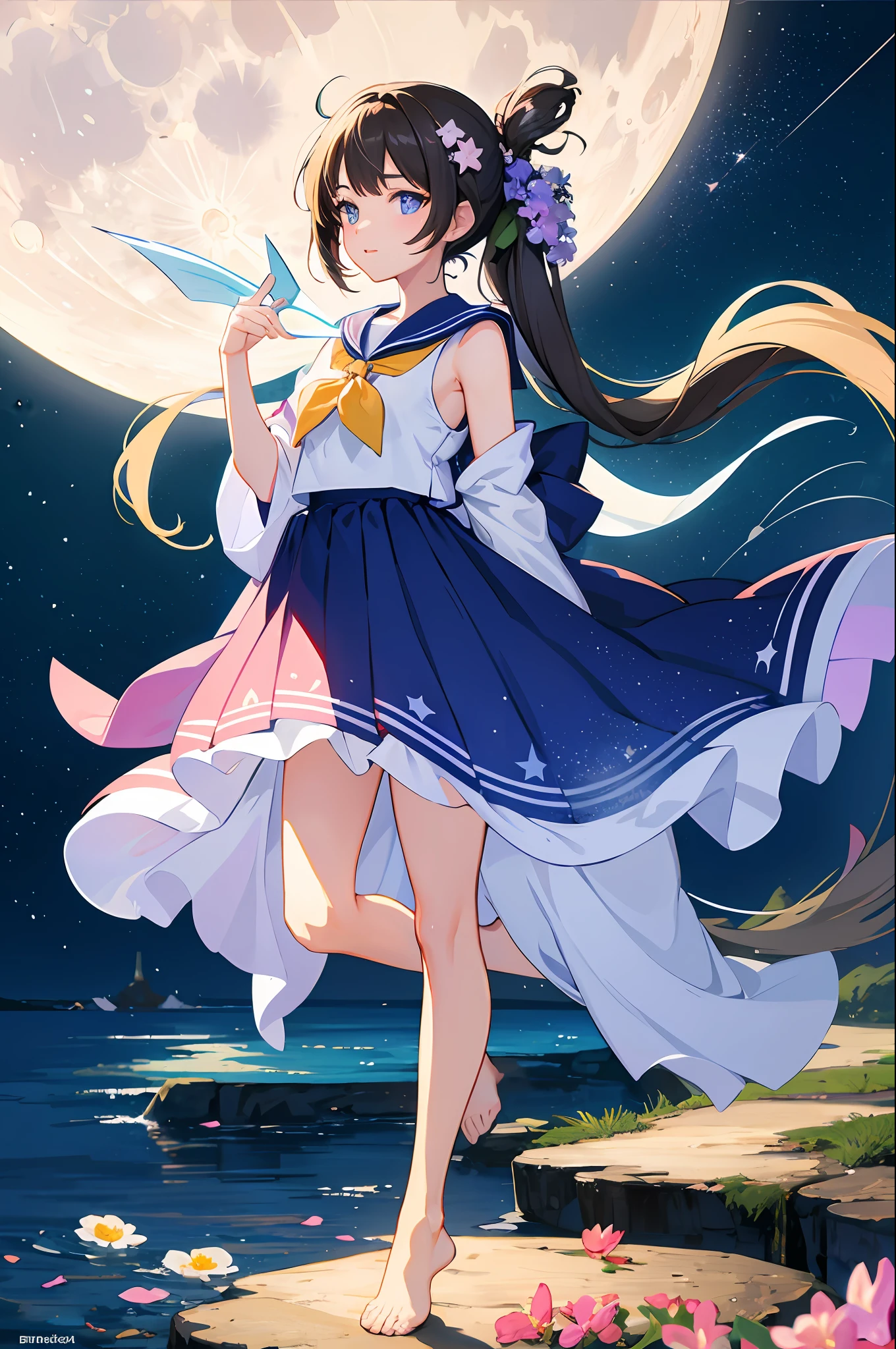 Moon sailor, universe background, stars, , flowers