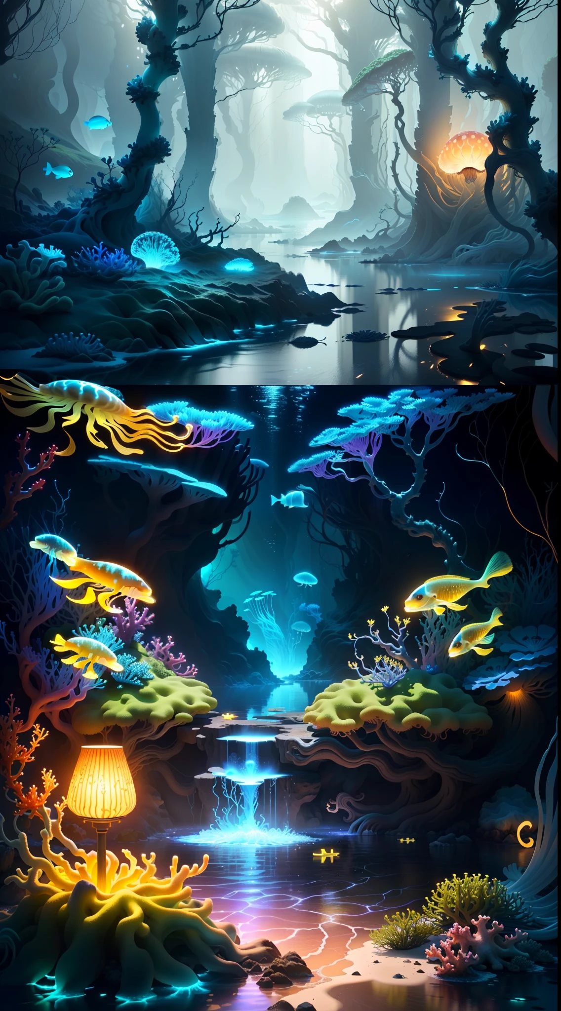 Masterpiece, best quality, (very detailed CG unity 8k wallpapers), (best quality), (best illustrations), (best shadows), marine theme with natural elements. Tall mangroves, rich marine plants, glowing jellyfish, surrounded by schools of fish, glowing particle effects,, (sea plants), (ocean theme), (seaweed), (coral), (jellyfish), fish, ((Glow)), ((Particle Effect)). , Isometric 3D, Octane Rendering, Ray Tracing, Super Detailed