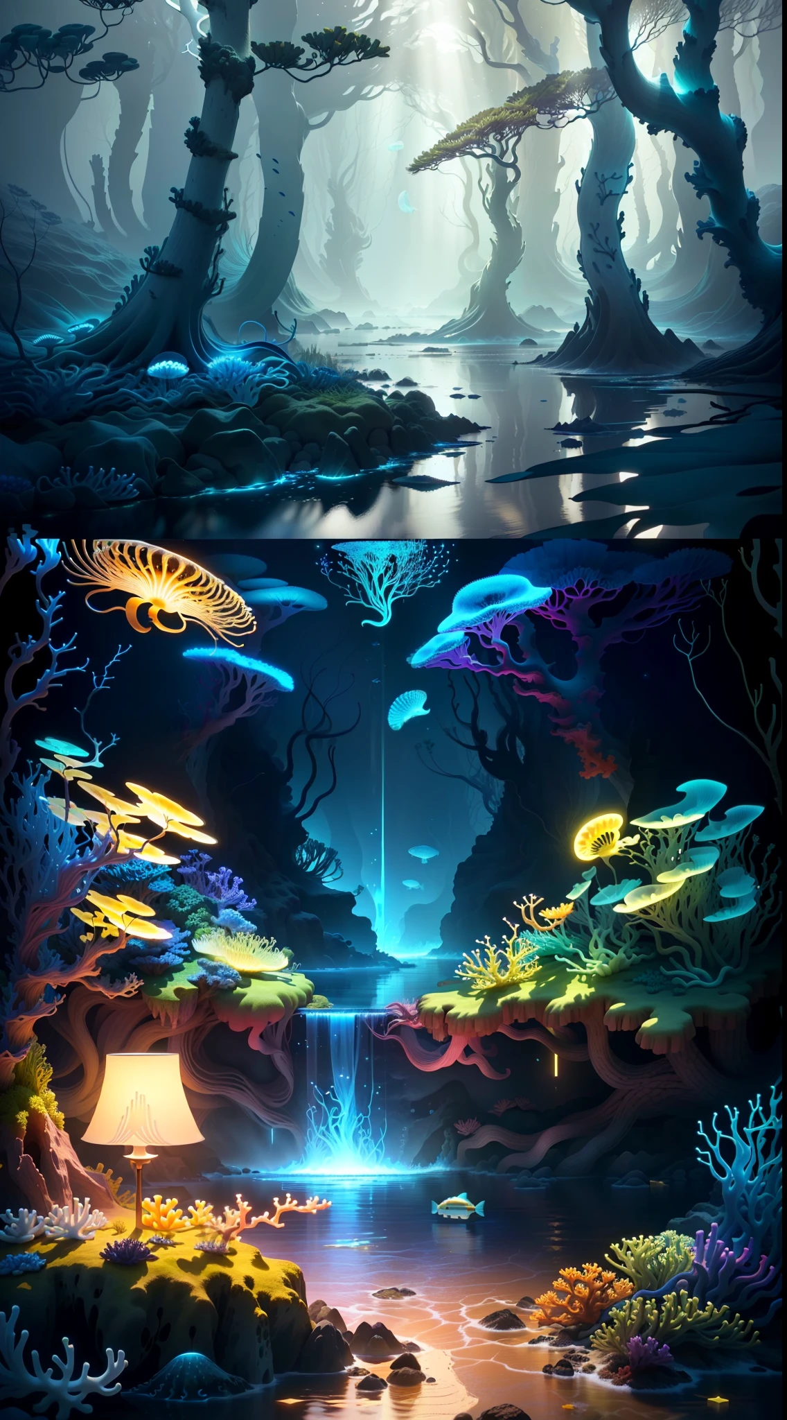 Masterpiece, best quality, (very detailed CG unity 8k wallpapers), (best quality), (best illustrations), (best shadows), marine theme with natural elements. Tall mangroves, rich marine plants, glowing jellyfish, surrounded by schools of fish, glowing particle effects,, (sea plants), (ocean theme), (seaweed), (coral), (jellyfish), fish, ((Glow)), ((Particle Effect)). , Isometric 3D, Octane Rendering, Ray Tracing, Super Detailed