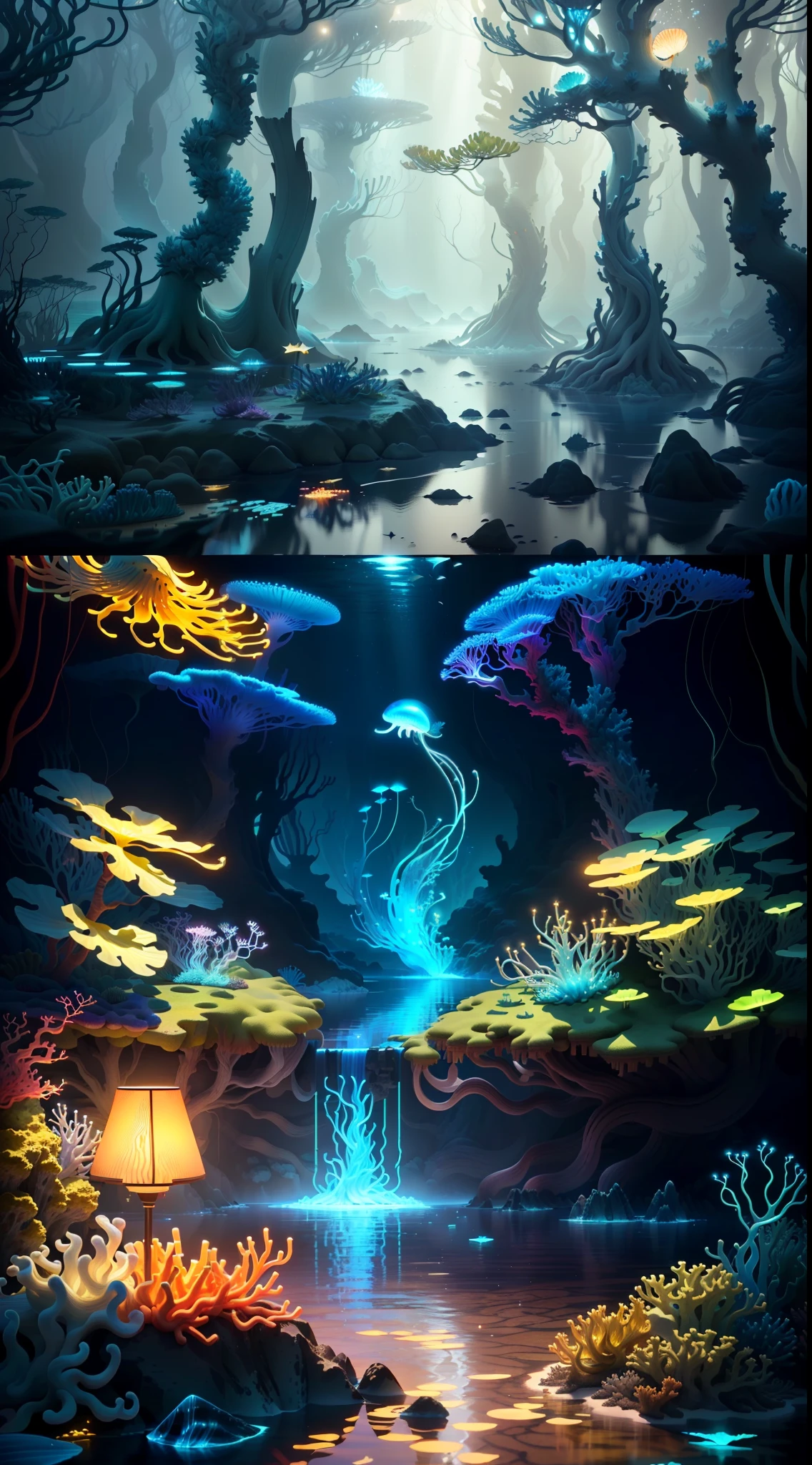 Masterpiece, best quality, (very detailed CG unity 8k wallpapers), (best quality), (best illustrations), (best shadows), marine theme with natural elements. Tall mangroves, rich marine plants, glowing jellyfish, surrounded by schools of fish, glowing particle effects,, (sea plants), (ocean theme), (seaweed), (coral), (jellyfish), fish, ((Glow)), ((Particle Effect)). , Isometric 3D, Octane Rendering, Ray Tracing, Super Detailed