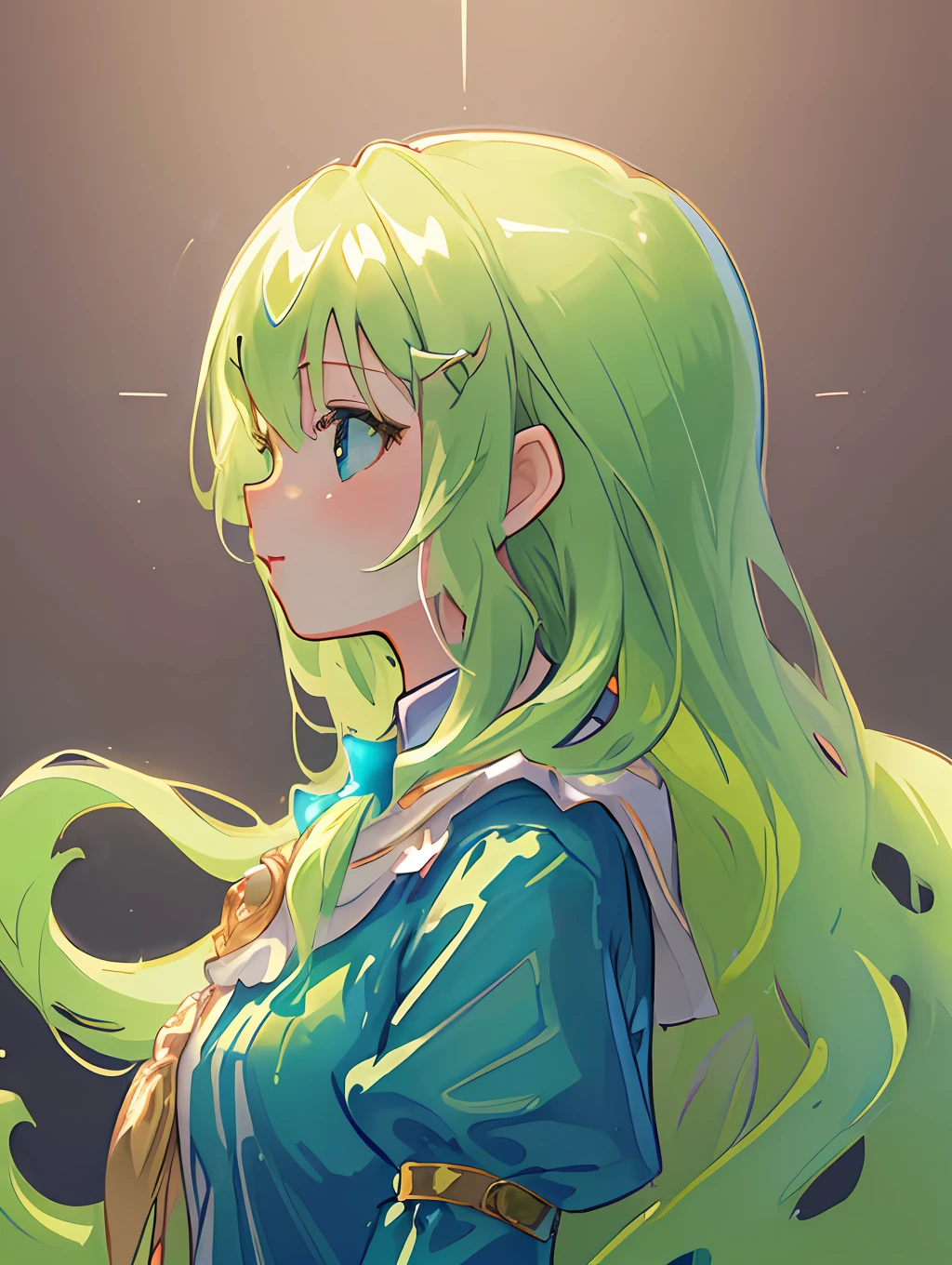 (((masterpiece))), (((illustration))), ((portrait)), ((strong outlines)), profile picture, 1girl, solo, fantasy (slime girl), green slime, arms behind head, water hair, super wavy hair, digital art, art by Mika Pikazo, trending on ArtStation, featured on Pixiv