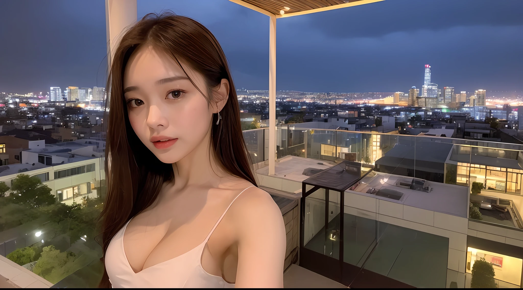 ((Best quality, 8k, Masterpiece: 1.3)), Selfie, Sharp focus: 1.2, Cute beautiful woman with perfect body: 1.4, Slim big breasts: 1.2, ((Brown hair dark, Big breasts: 1.2)) , (small transparent dress, half naked, highly detailed breasts, Happy expression, Standing: 1.2), ((Night view of the city with rain, Balcony simple: 1.3 making with the female being the main focus)), Highly detailed face and skin texture, Detailed eyes, Double eyelid