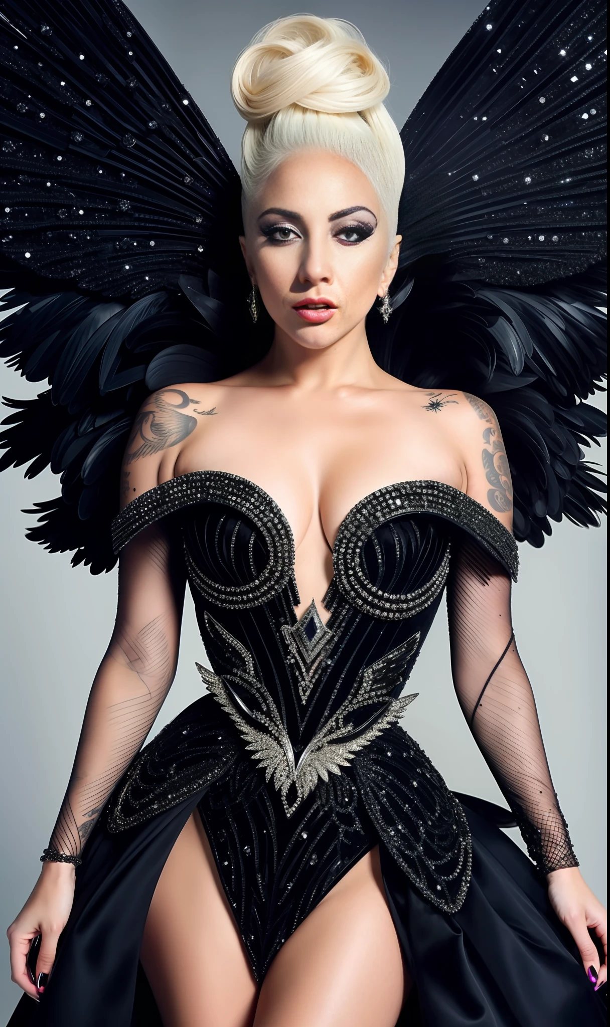 Photo of lady gaga with black wings on the dress with diamond sparkles, 4K texture, robotic and extravagant dress and strange hairstyle, 8k image, haute couture, flashes, high image quality, extravagant and bright dress, realistic face and body, tattoos, 8k body and face, dramatic poses