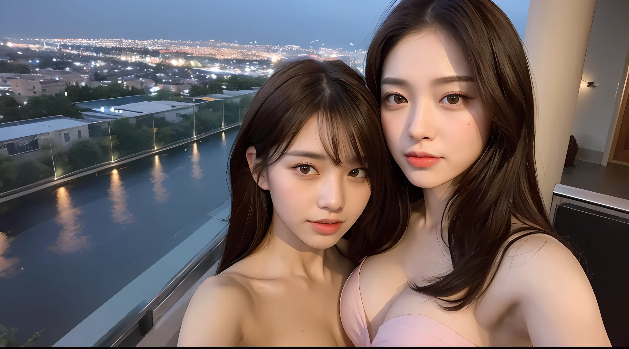 ((Best quality, 8k, Masterpiece: 1.3)), Selfie, Sharp focus: 1.2, Cute beautiful woman with perfect body: 1.4, Slim big breasts: 1.2, ((Brown hair dark, Big breasts: 1.2)) , (small transparent dress, half naked, highly detailed breasts, Happy expression, Standing: 1.2), ((Night view of the city with rain, Balcony simple: 1.3 making with the female being the main focus)), Highly detailed face and skin texture, Detailed eyes, Double eyelid