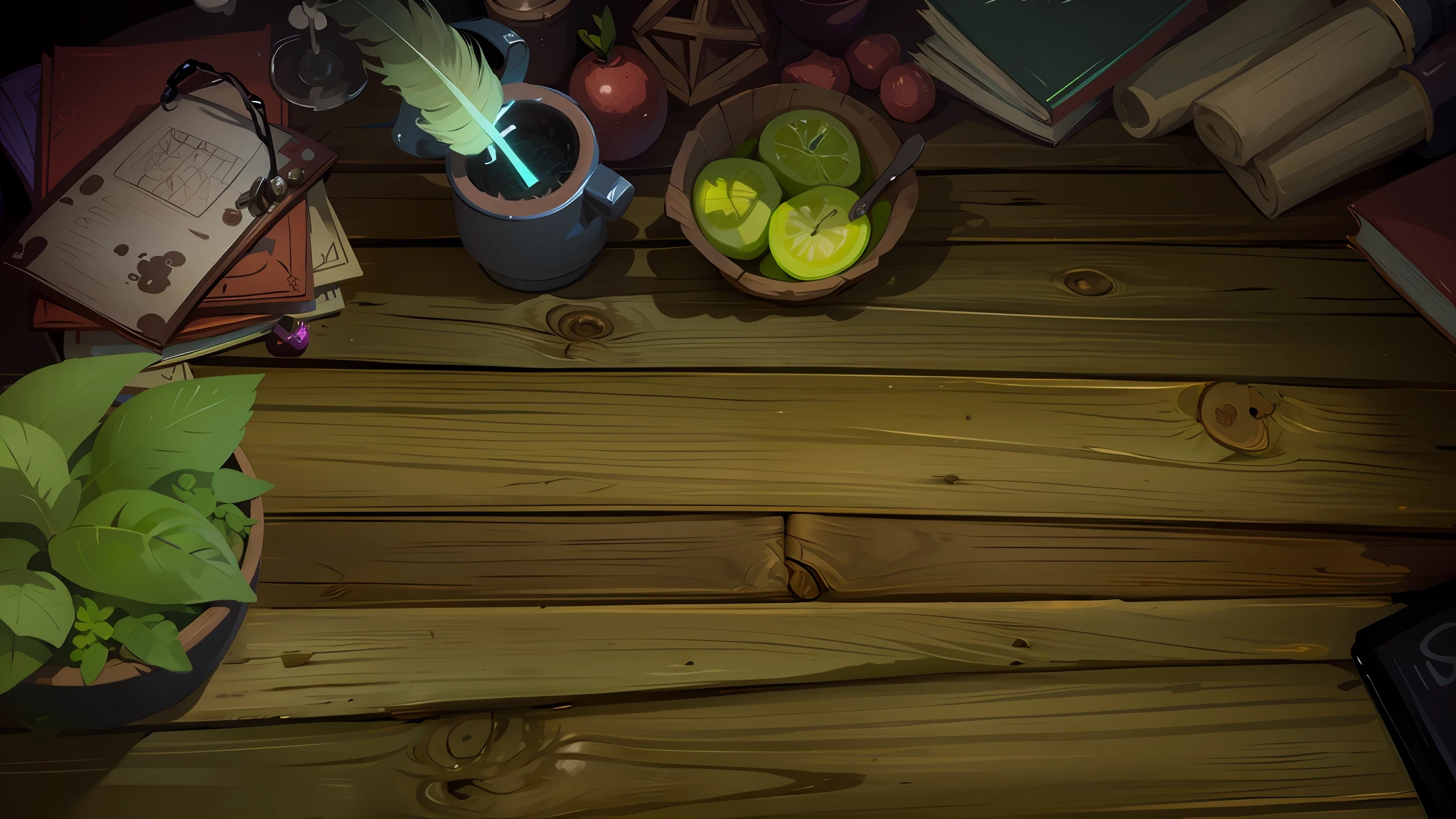 (Ultra-detailed CG images, ultra-high quality, high-quality game original painting level, best quality, ultra-high resolution), (movie lighting, drama lighting, beautiful lighting), top view, there is a rough wooden table, desktop A potted plant is placed on the left, a pile of diaries is placed in the upper left corner, and potion bottles and quills are placed on it. Hearthstone, Unreal Engine, hand-drawn style, cartoon style --v 6