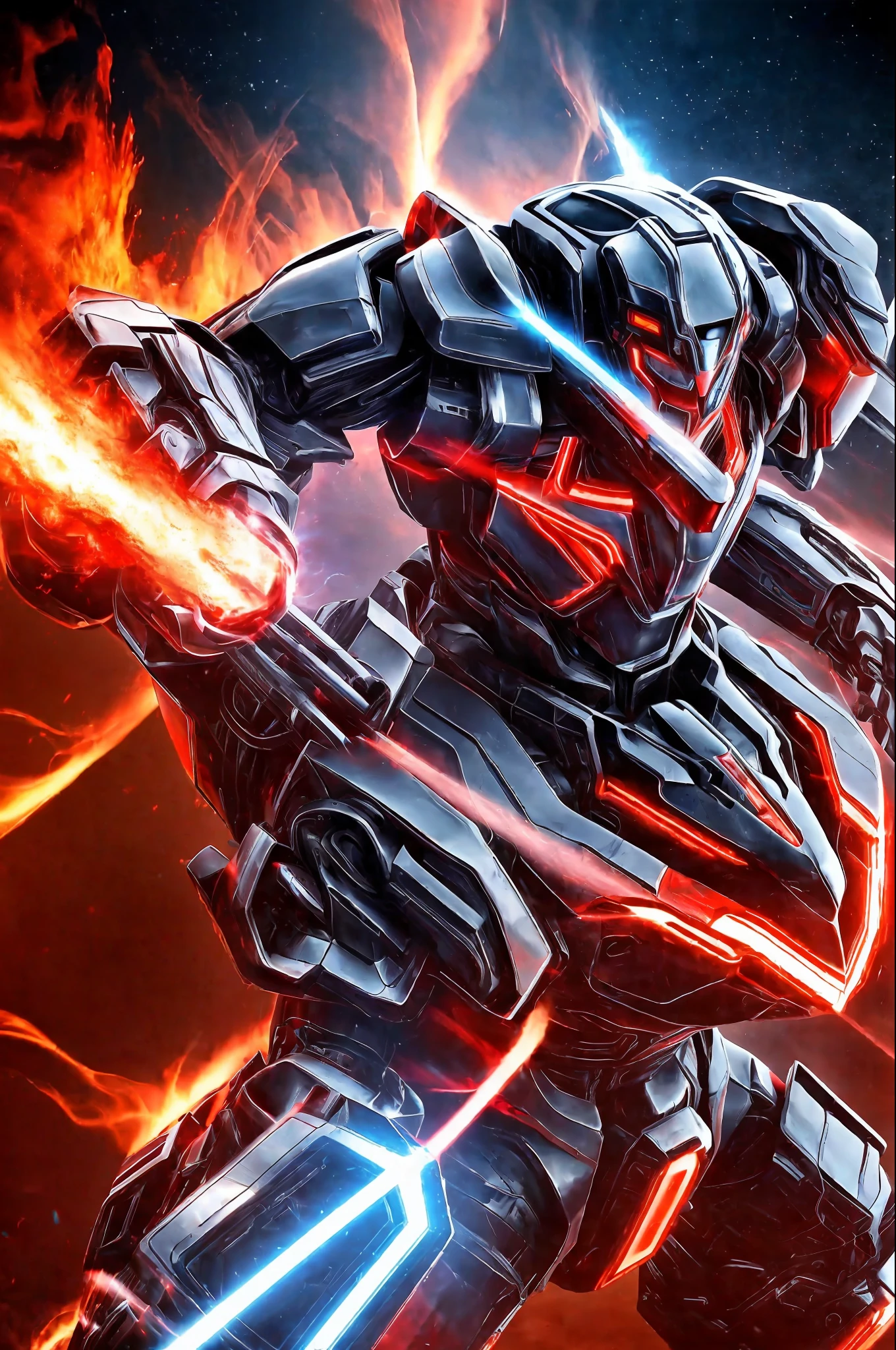 1robot flying , glowing eyes, glowing armor, red and blue mecha \(mjstyle\) ,zhongfenghua, wings ((cinematic lighting, high key,   high contrast,  ))  (reflective  , hard surface, omit details, ) smoke, fire, explosions,energy beams
 dynamic angle, dynamic pose , weapon,   (photorealistic:1.5) depth of field,  sunny sky, strong sunlight, lens glare, 
official art, unity 8k wallpaper, ultra detailed, beautiful and aesthetic,  realistic, (fractal art), epic scene, highres, (masterpiece), (best quality), pov from above