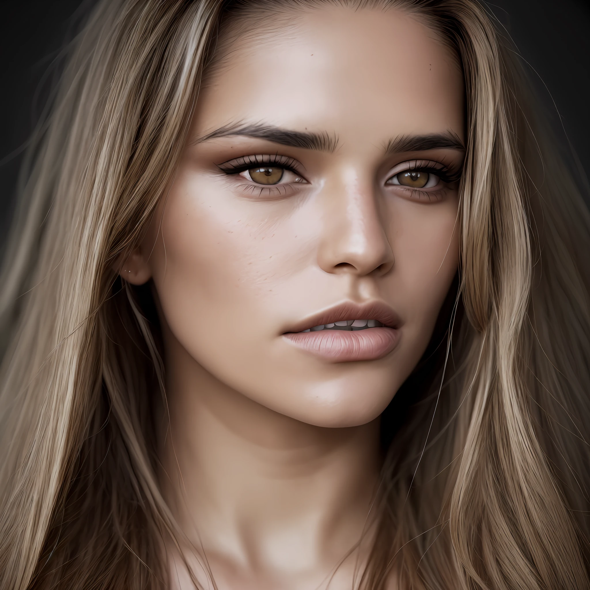 a photorealistic portrait of a stunningly beautiful tanned argentinian woman with light make-up, extremely detailed light honey eyes, detailed symmetric realistic face, extremely detailed natural texture, peach fuzz, windy long hair, masterpiece, absurdres, award winning photo by lee jeffries, nikon d850 film stock photograph, kodak portra 400 camera f1.6 lens, extremely detailed, amazing, fine detail, rich colors, hyper realistic lifelike texture, dramatic lighting, unrealengine, trending on artstation, cinestill 800 tungsten, looking at the viewer, photo realistic, RAW photo, TanvirTamim, high quality, highres, sharp focus, extremely detailed, cinematic lighting, 8k uhd,-imagine-