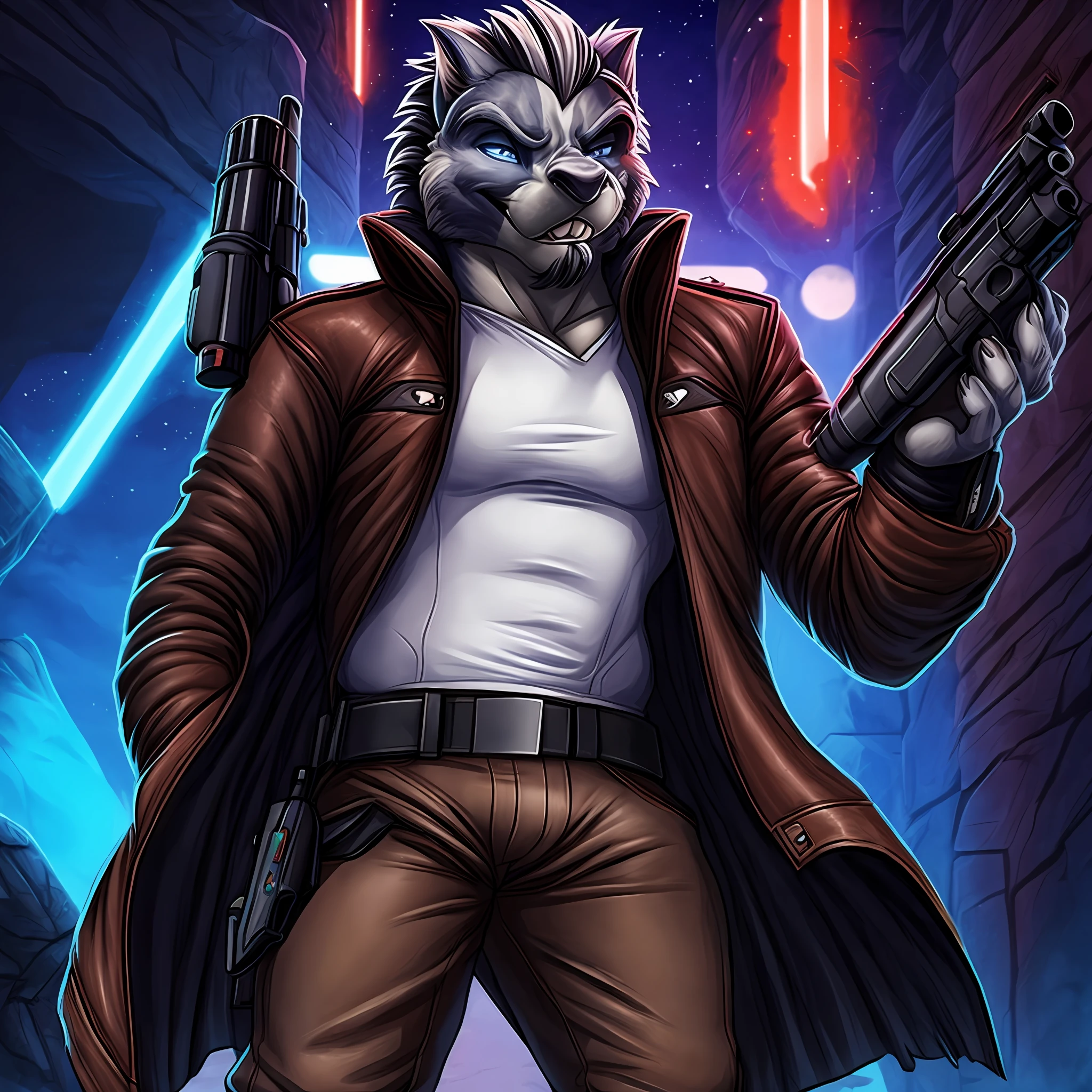 Lobo Han solo, male, movie: Star Wars, white blouse, brown leather jacket, brown pants, smiling, holding a gun, confident, Lobo Han solo, male, formal normal physique
