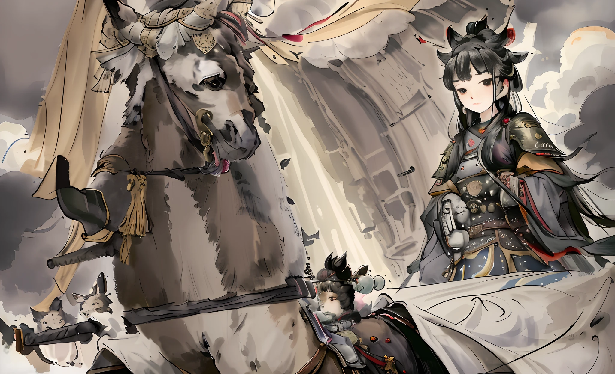 At night, the moon was obscured by dark clouds, a group of warriors with torches in their hands, and the generals of the Song Dynasty rode war horses to direct the army to hurry, some on horseback, some with catapults, and some with siege machines