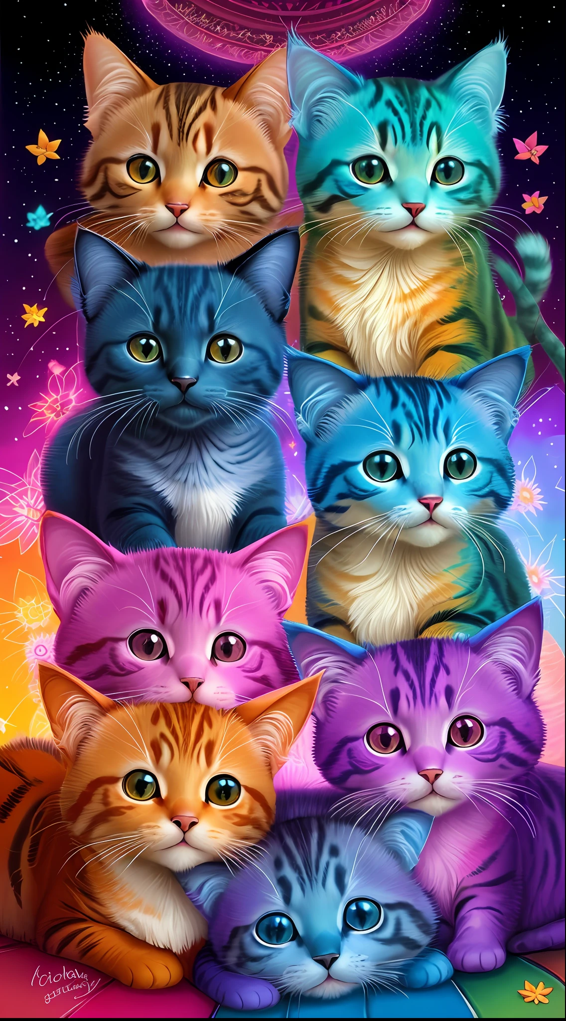 Cats, Chromotherapy, Cute Felines, Cat, Vibrant colors, flowers, stars, butterflies, mandala, one next to the other