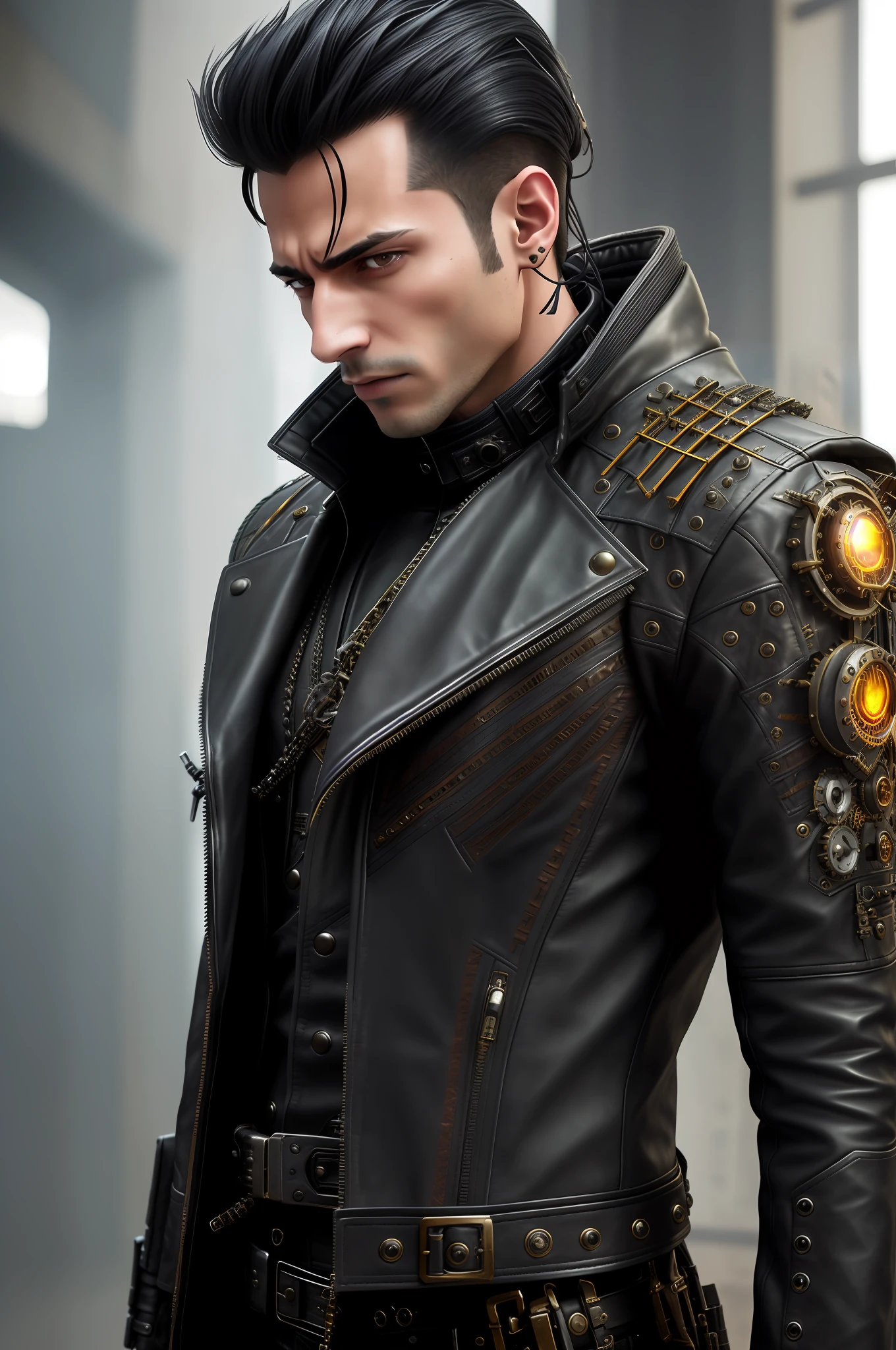 arafed man in a leather jacket standing in a building, wearing cyberpunk leather jacket, steampunk male portrait, cyberpunk fashion clothing, steampunk fantasy style, cyberpunk fashion clothes, fantasy leather clothing, attractive male with armor, steampunk cyberpunk, steampunk clothes, very detailed and rich clothing, ornate cyberpunk armor, wearing leather assassin armor, black leather robes! intricate, cyberpunk clothes