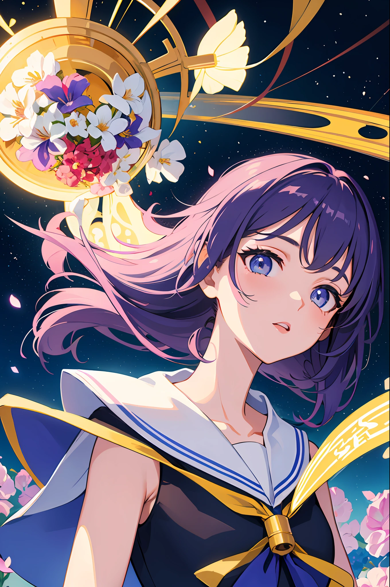 Saturn sailor, universe background, stars, , flowers