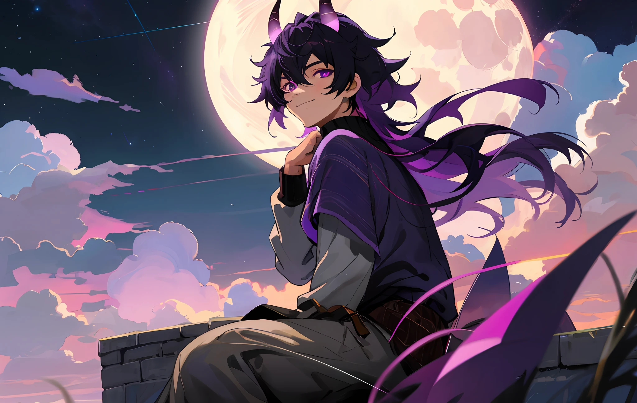 gelbooru, pixiv, 1boy, detailed eyes, slit pupils, detailed face, 2 purple horns, purple eyes, medium muscle, black hair, middle strand, messy hair, looking at viewer, smile, bleached jeans, white sweater, cloudy sky, moon night, moon shine, sitting on castle wall, castle background, hands next to body, uhd, perfectly photorealistic, modern, modern fantasy, high fantasy, neo fantasy, intricate details