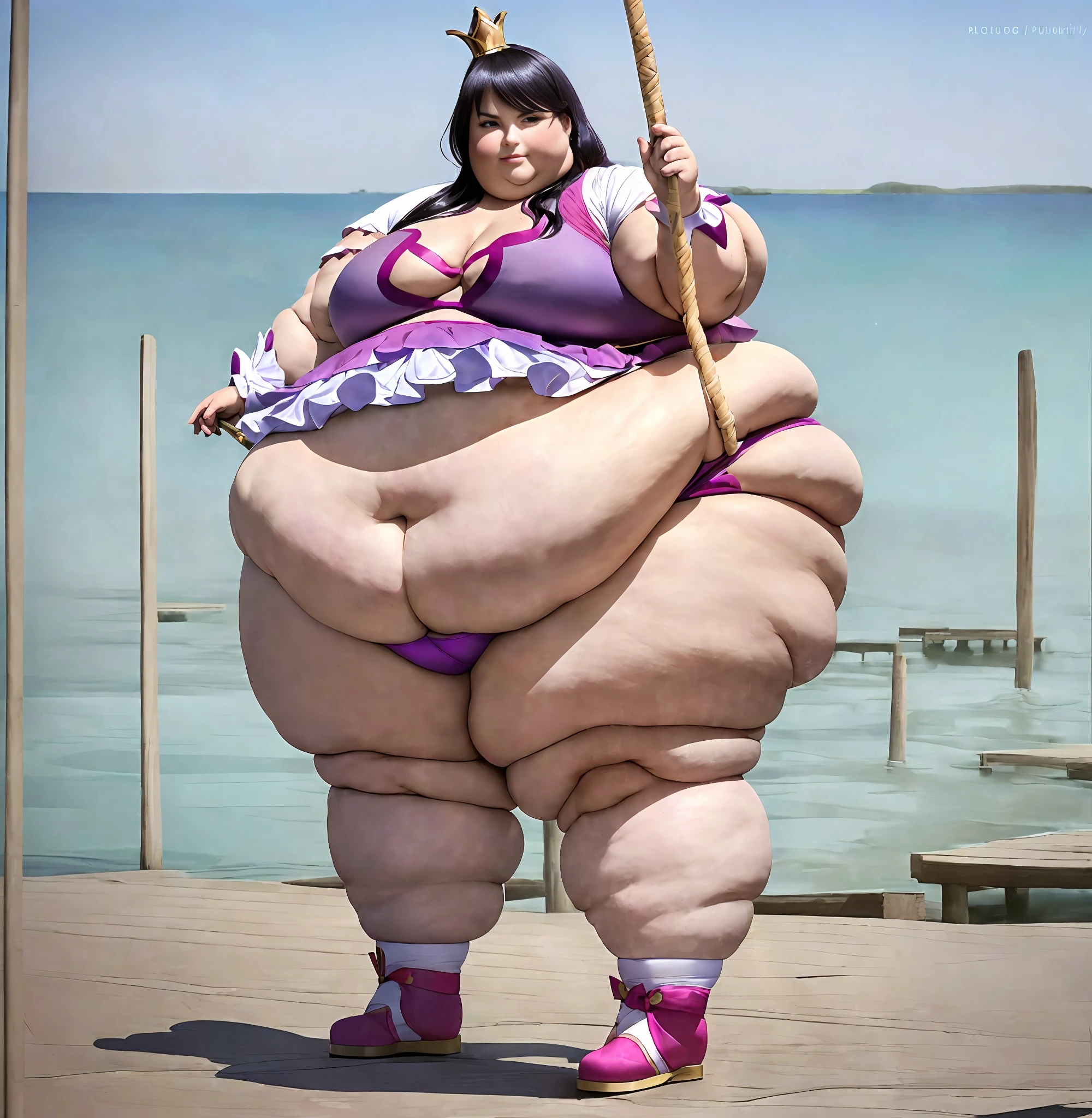 a anime drawing of a fat man with a whip in his hand, thicc, full body portrait of , fullbody commission for, thicc build, commission for high res, thick black lineart, he , cel shaded!!!, oc commission, full body!, ((handsome)) mature man in a purple outfit and black boots, Frilly white skirt, purple vest ((with Lotus motifs)), flaired dark purple sleeves ((wearing magical Girl inspired outfit)), Black hair styled in a single bun with a purple ribbon around it, full body close-up shot Single Subject!!, background (( a Pier with Lotuses in the water)) . Morbily obese!! (Giant,Fat, round, belly)), ,(( Giant double wide hips)), ((giantfat butt), (( giant,thick, fat thighs)) , Proportionally large and fat arms and Legs!!, Giant Fat breast, fat chubby cheeks, Fat face, multiple chins, , masterpiece!!, full body!! , Expression(angry, frowning) pose(cracking a Whip , legs Spread out ), Effects ( clothes ripping , Purple lightining)