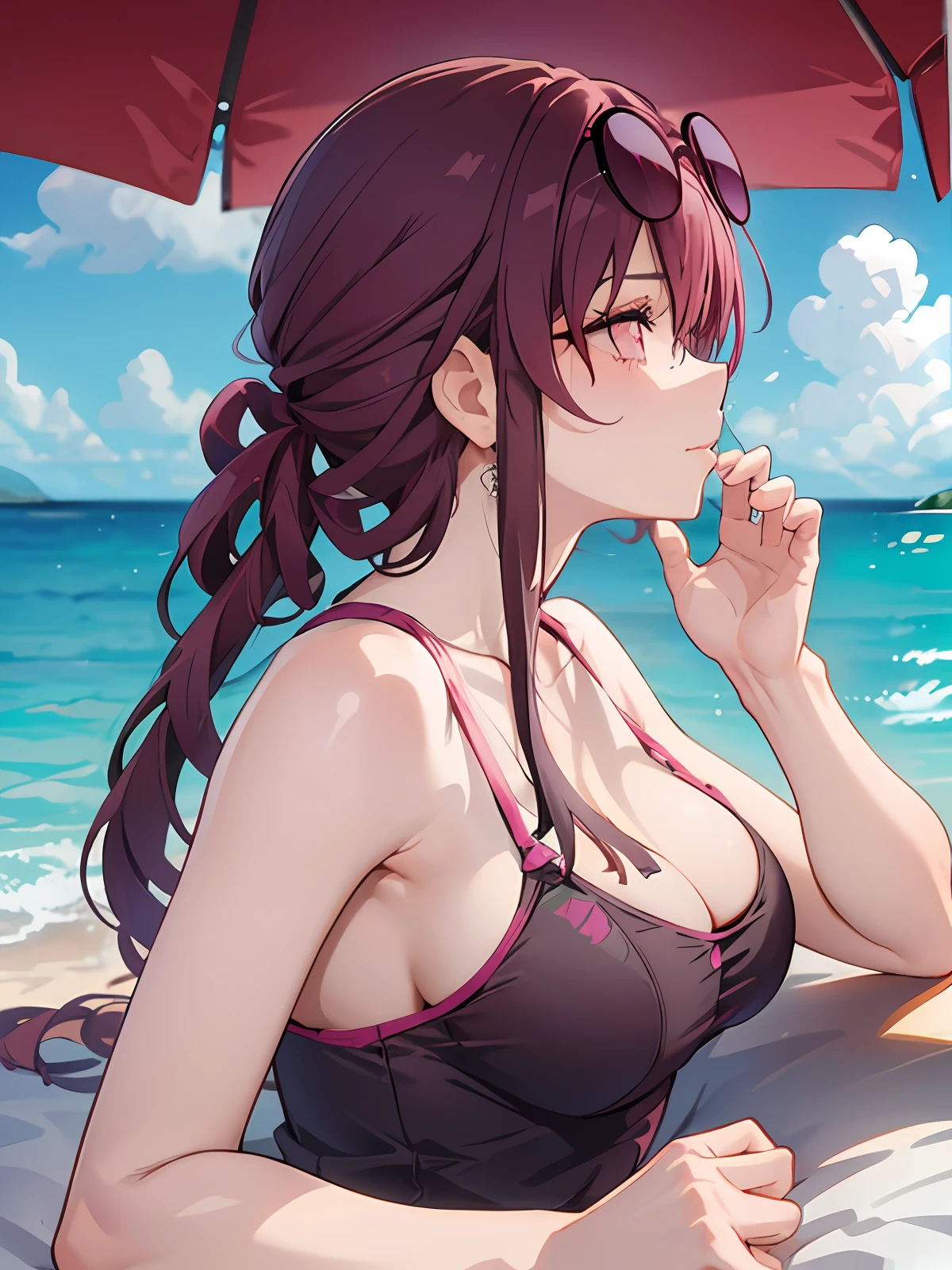 (masterpiece), best quality, expressive eyes, perfect face, 1girl, official, head, pink eyes, purple hair, sunglasses, eyewear on head, star-kafka, beach, large breast, armpits, hands behind head, sweating, wet, from side, cowboy shot