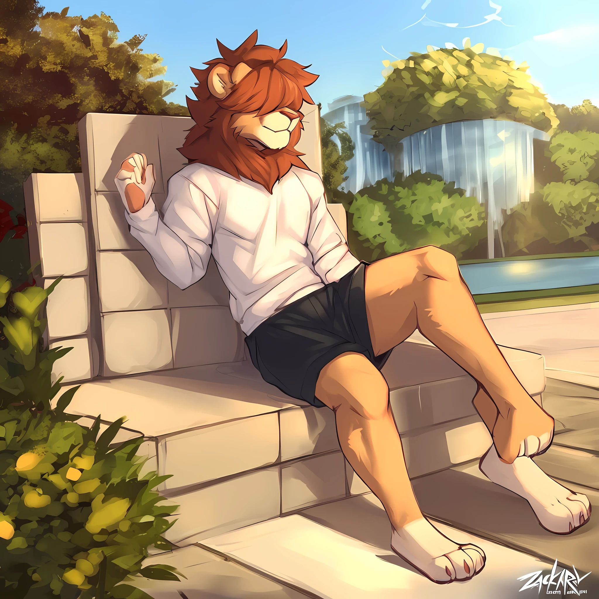 thin male solo cartoon lion by zackary911 hair over eyes wearing clothes in public park water feature sunlit people in background Paws instead of hands and feet paws visible