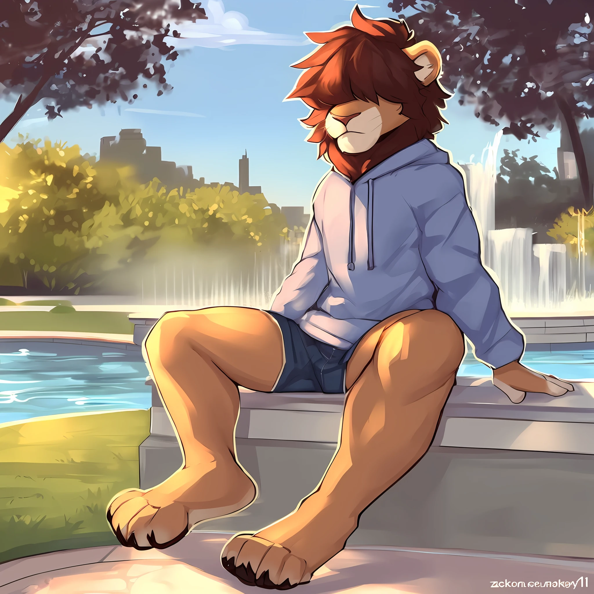 thin male solo cartoon lion by zackary911 hair over eyes wearing clothes in public park water feature sunlit people in background Paws instead of hands and feet paws visible